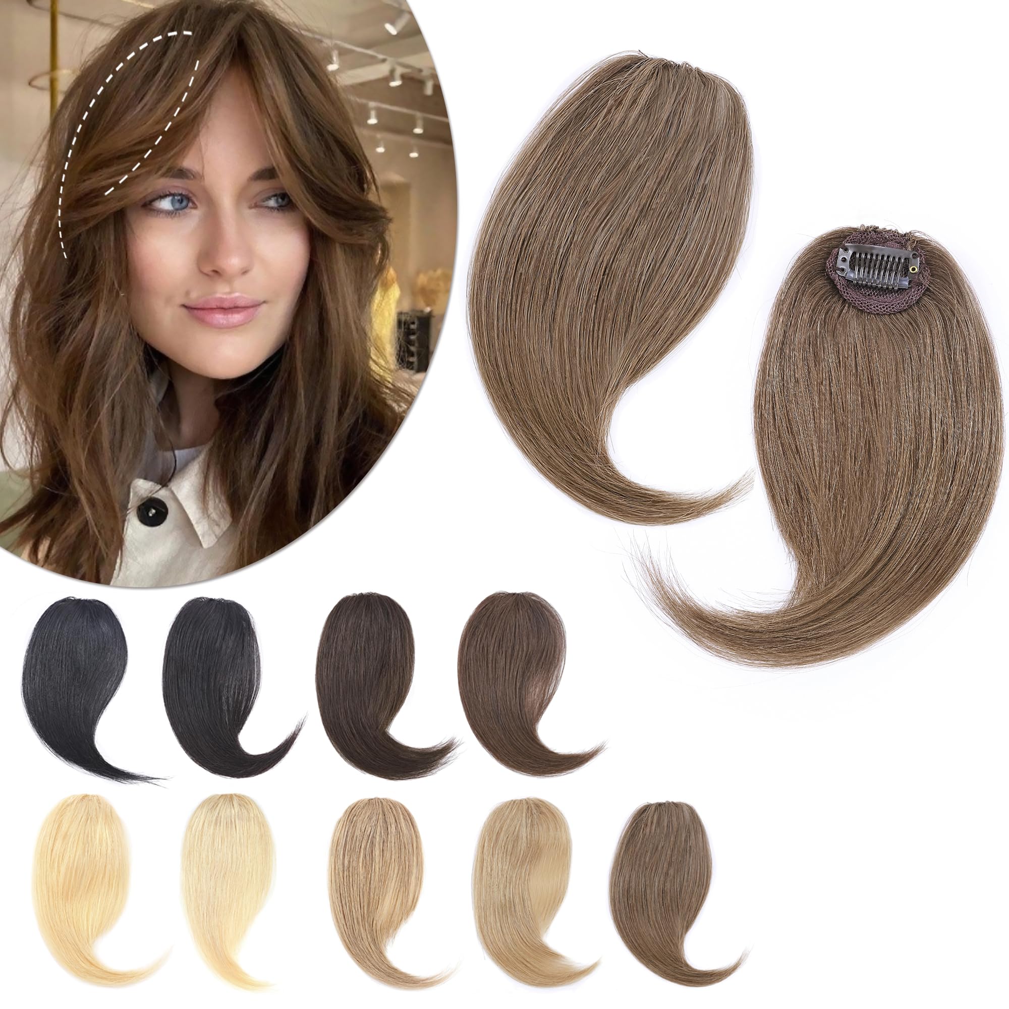 SEGO Side Bangs Clip in Bangs 100% Real Human Hair 10 inch 2PCS French Bangs Wave Fringe Swept Natural look Hair Piece 15g/Pcs-L