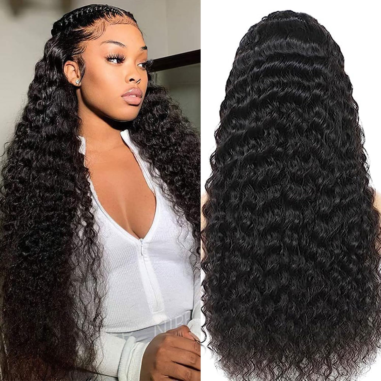 Aveiyce 13x6 Deep Wave Lace Front Wigs Human Hair Pre Plucked 180% Density HD Transparent Deep Curly Glueless Lace Frontal Wigs 