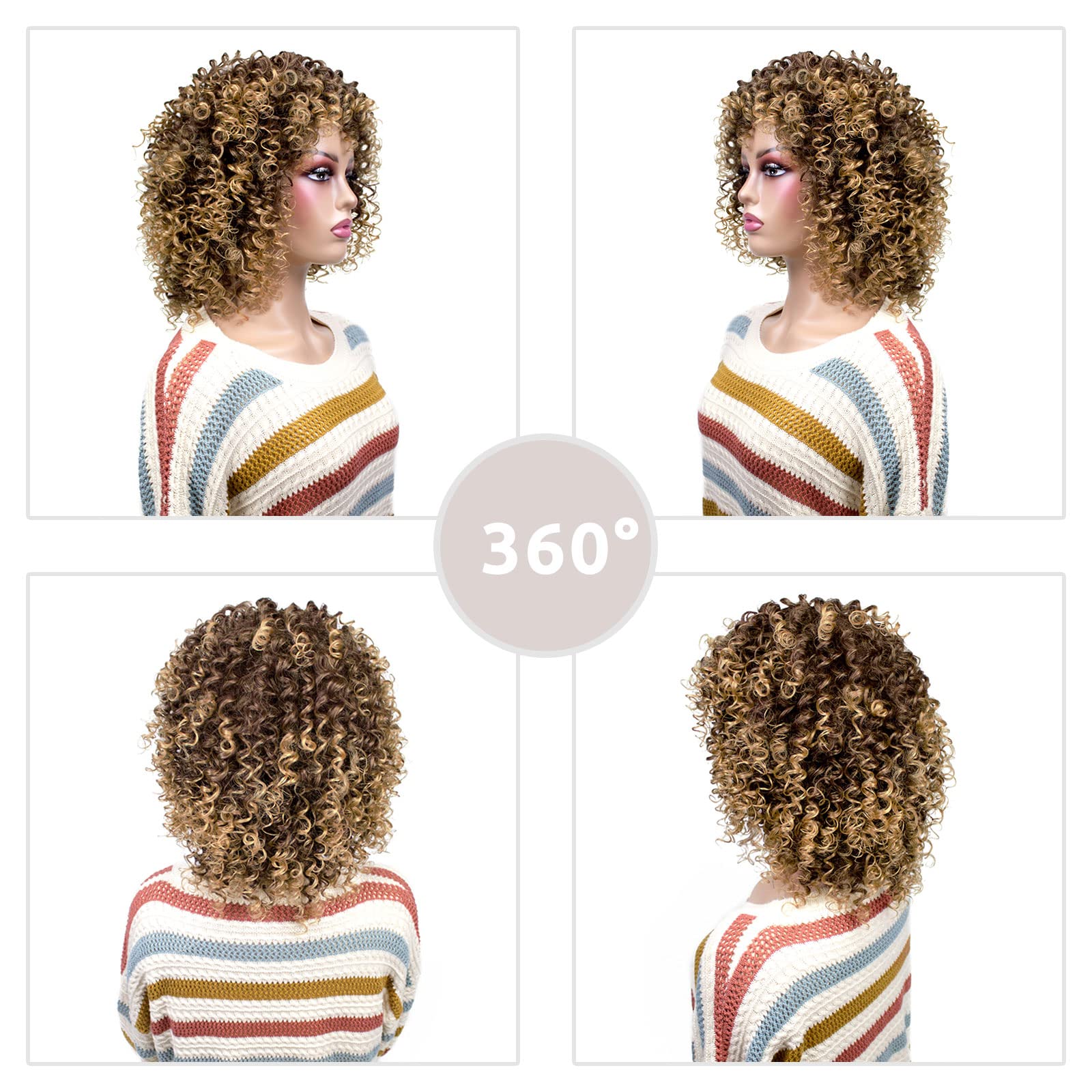 Onpep Afro Curly Wigs For Black Women Short Shoulder Length Kinky Wig With Bangs Brown Mixed Blonde Heat Resistant Wigs