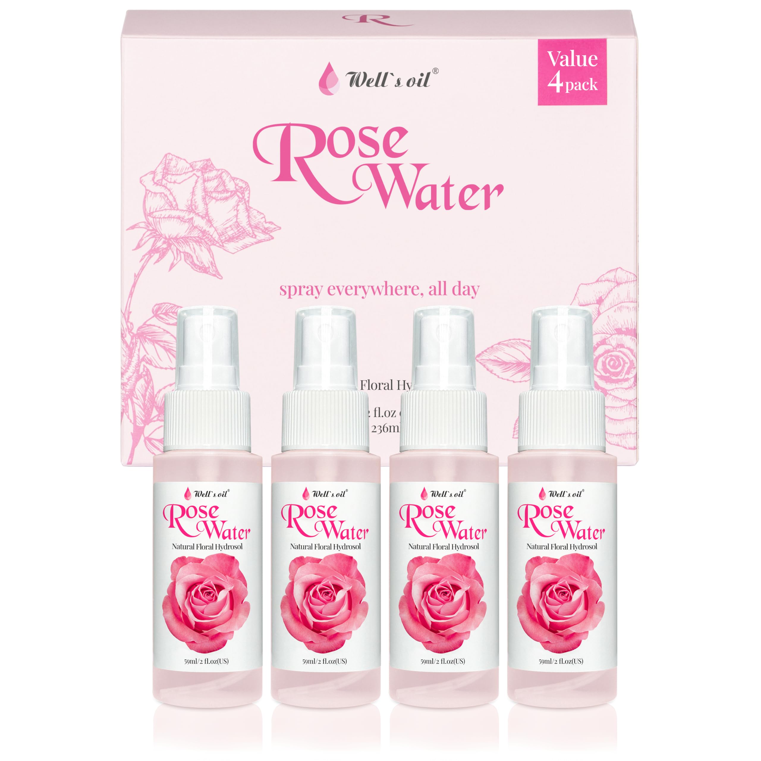 Well'S Rose Water Mist Spray | 2 Fl. Oz. (Pack Of 4) | 100% Natural | Hydrating & Soothing | For Skin & Hair Care