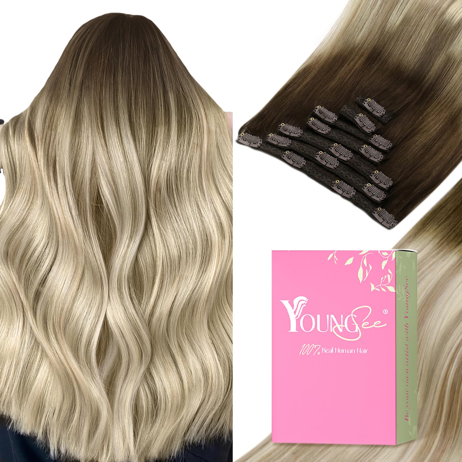 YoungSee 135G Clip in Human Hair Extension Ombre Clip in Real Hair Extension Dark Brown Ombre Golden Blonde Mix Platinum Blonde 