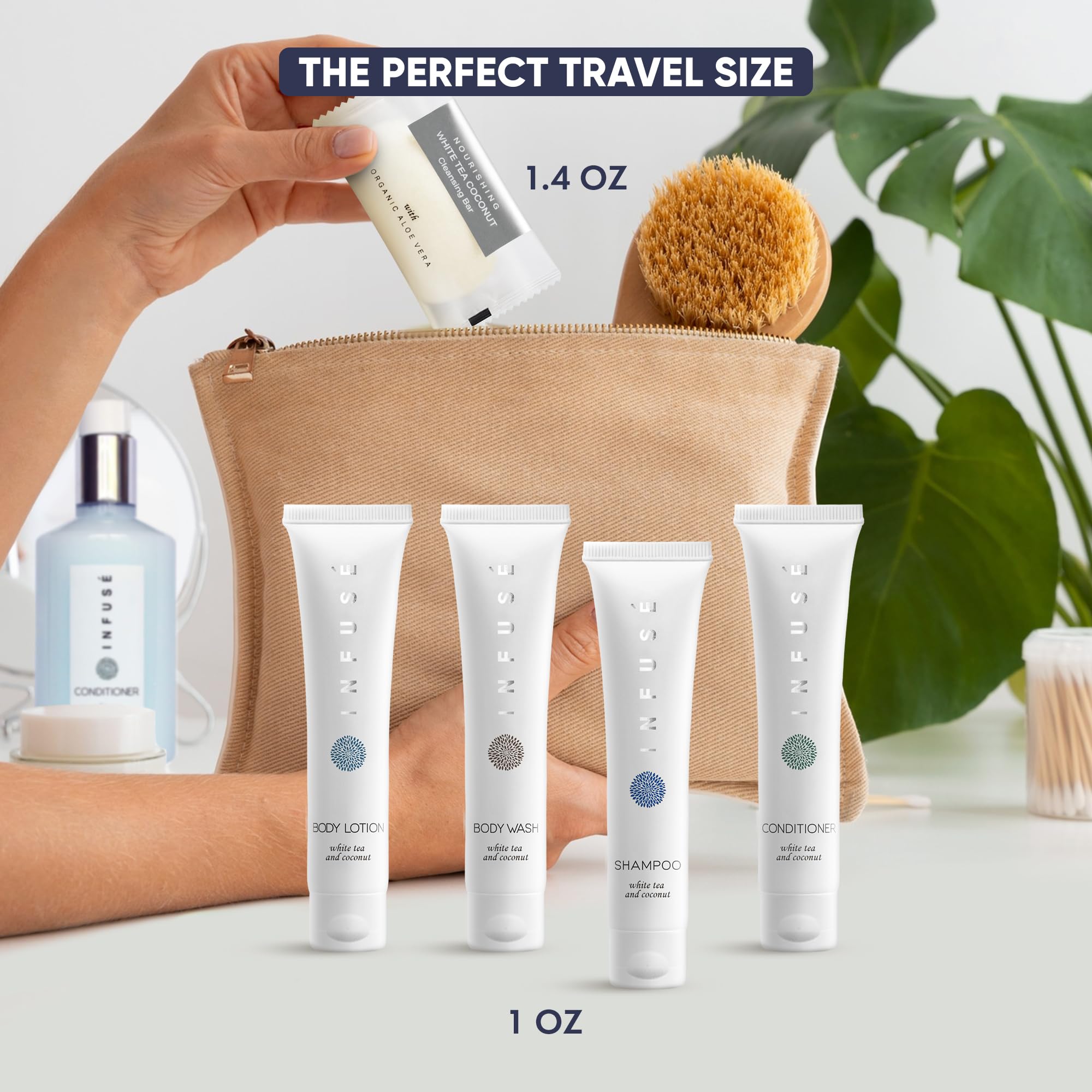 Infuse Pure White Tea And Coconut All-In-Kit Hotel Soaps And Toiletries Bulk Set | 1Oz Shampoo & Conditioner, Body Wash, Lotion