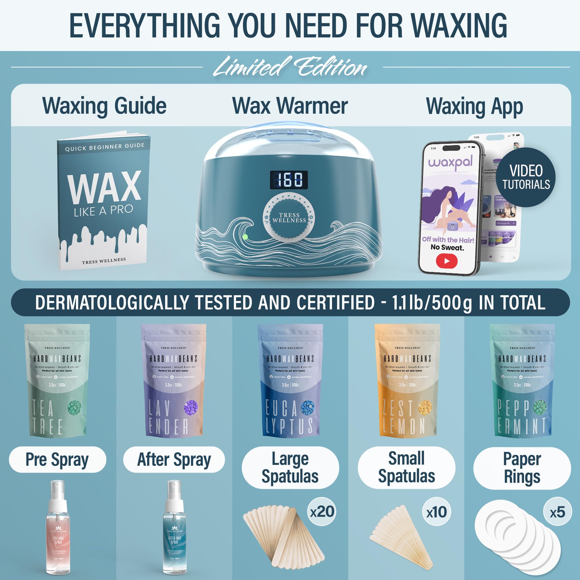 Tress Wellness Waxing Kit For Brazilian Wax - Easy To Use - For Sensitive Skin - Digital Display, Blue Water