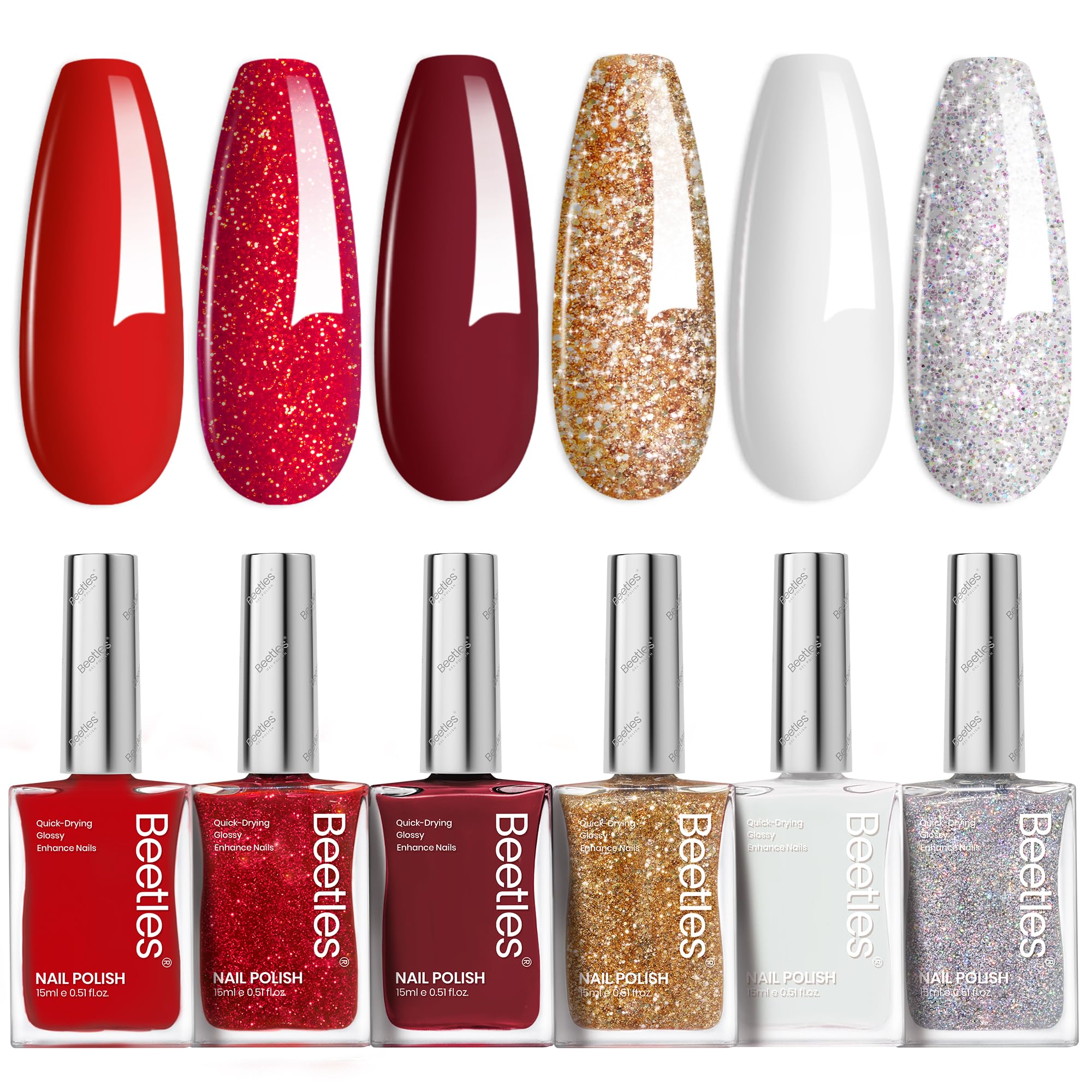 Beetles Red Nail Polish: 6Pcs Glitter Burgundy Red Sparkle Nail Polish Set Nail Polish, Quick Dry & Long Lasting Brilliant Overt