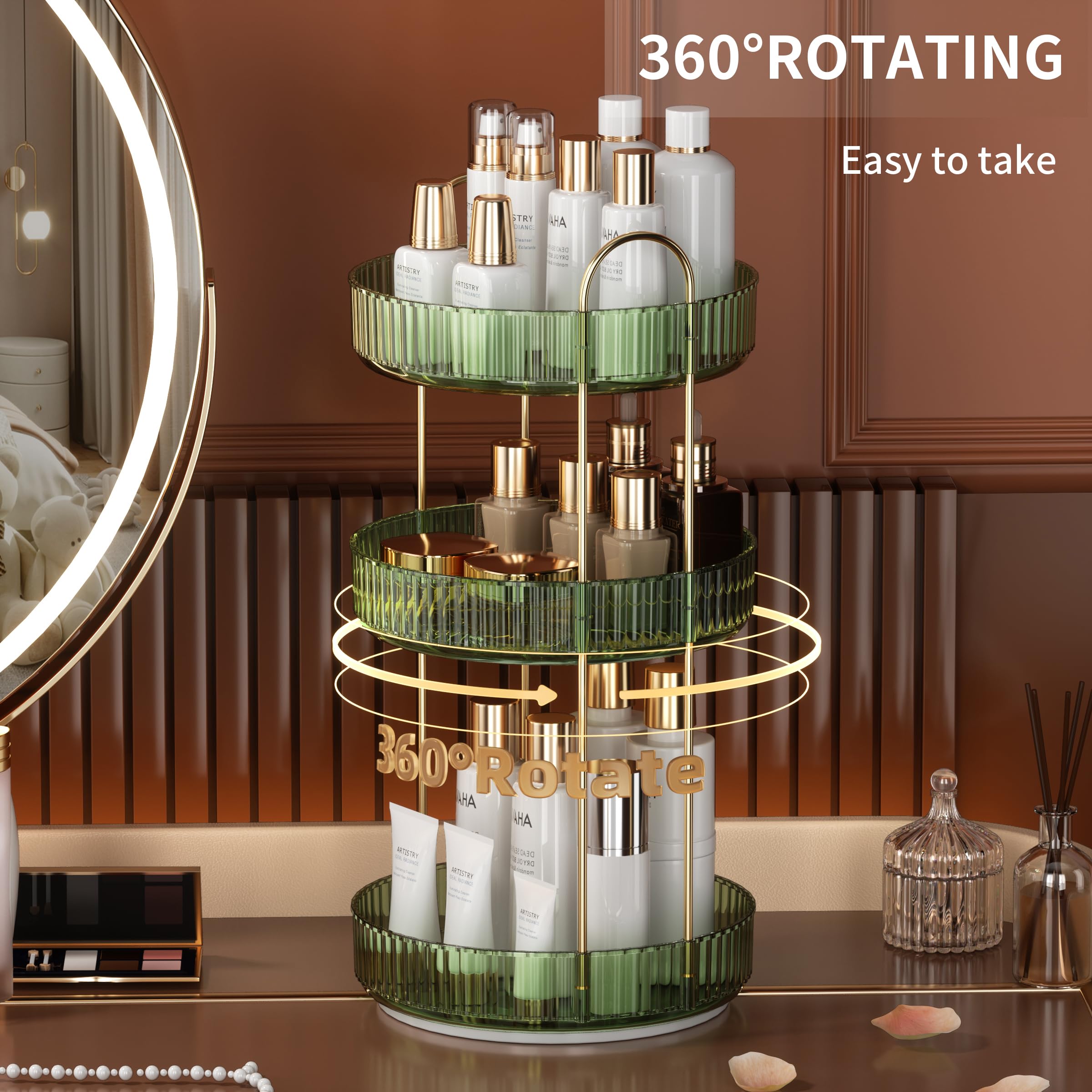 Ycia&Done 360 Rotating Makeup Organizer And Storage For Vanity Countertop 3 Tiers, High Capacity Cosmetic Skincare Perfume Organ