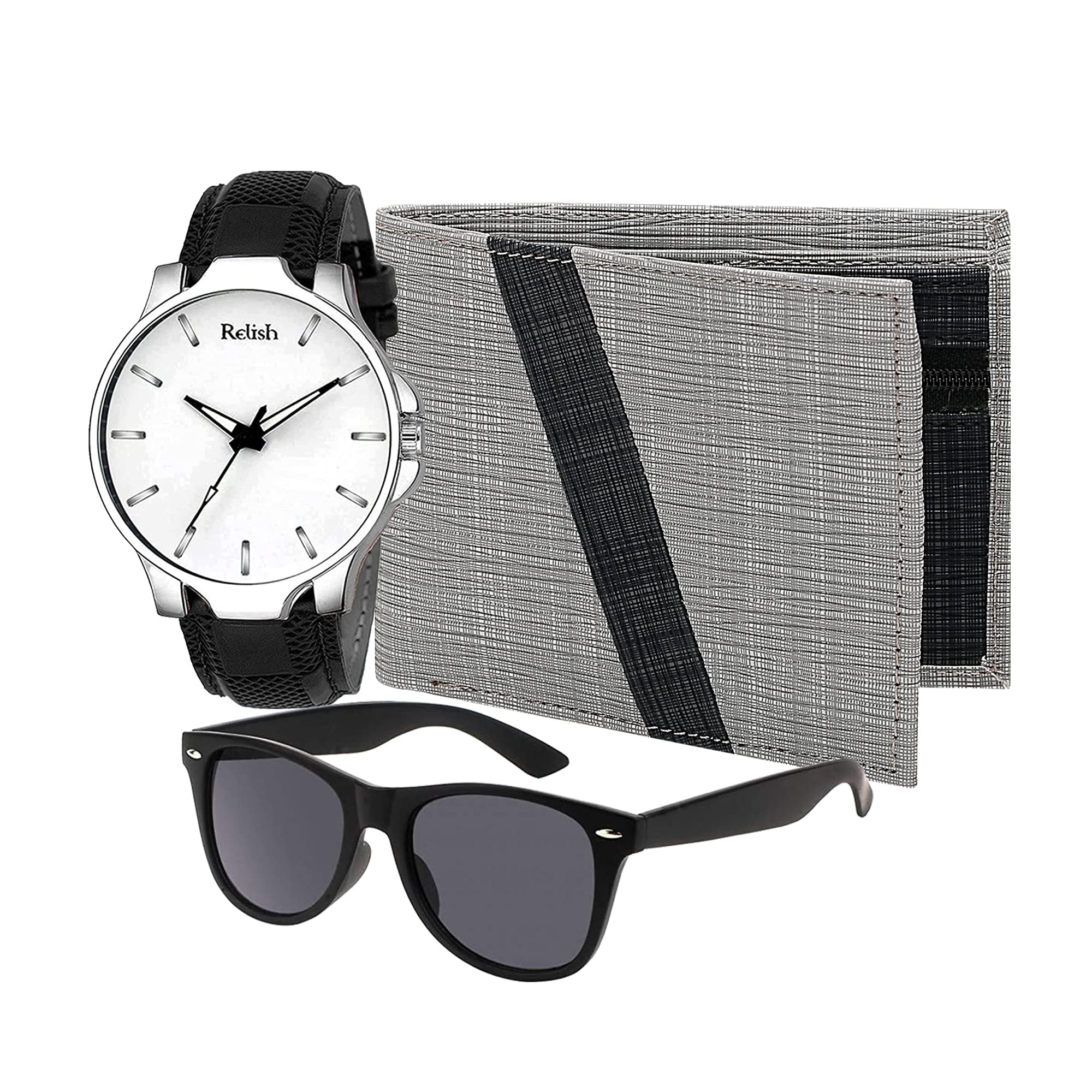 Relish White Dial Analog Watch, Pu Leather Wallet And Sunglasses Combo Pack For Mens | Diwali Gifts For Mens, Brother, Husband A