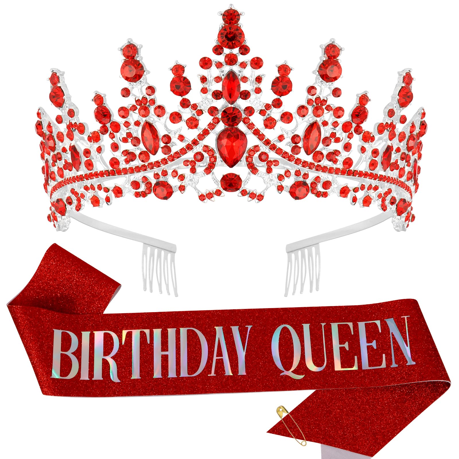 Tihebax Birthday Queen Sash & Rhinestone Tiara Red Sliver Crown Birthday Sash and Tiara for Women Girls Princess Tiara Crown Bir