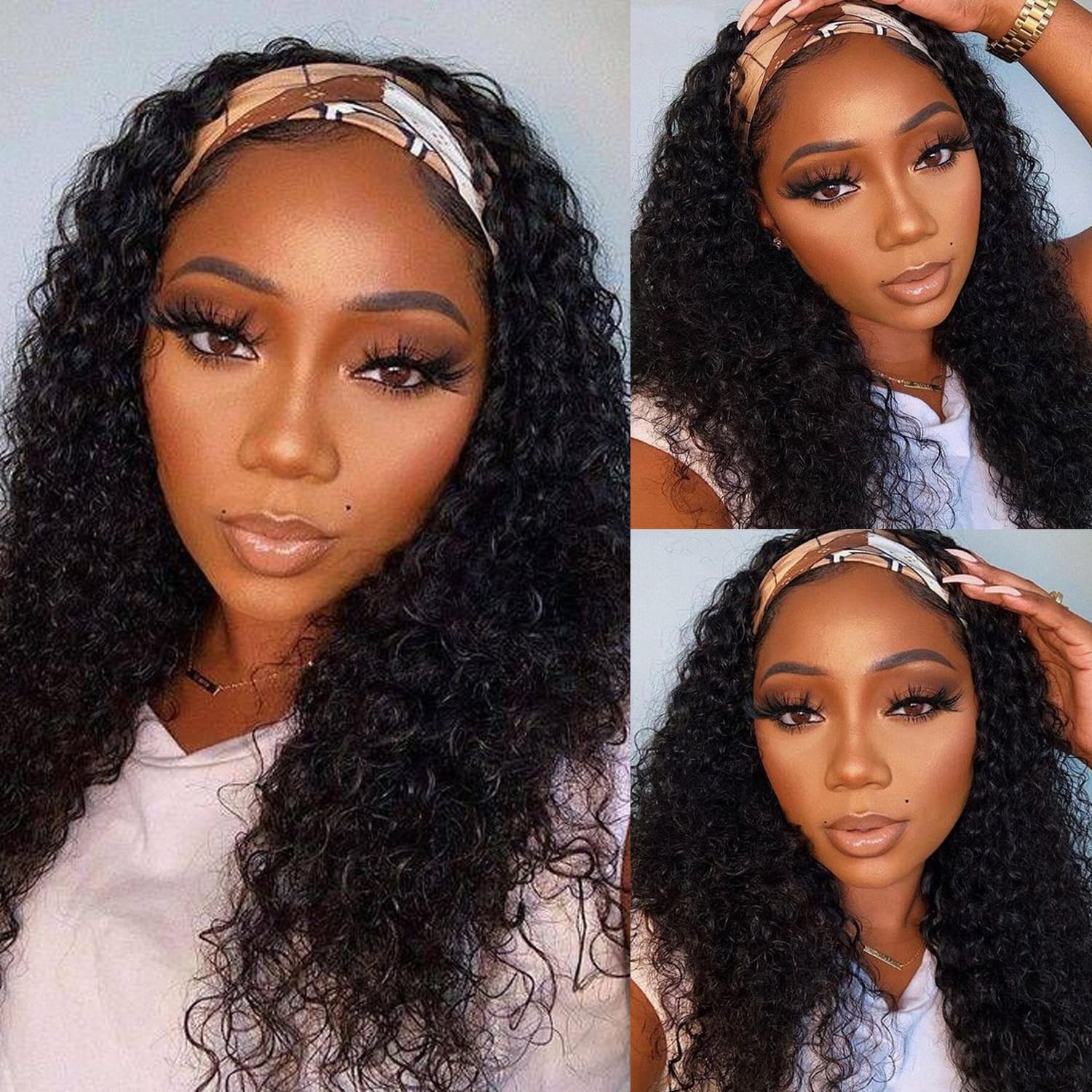 NICMISS Deep Wave Headband Wig Human Hair 22 Inch Curly Headband Wigs for Black Women Human Hair Glueless None Lace Front Wig Br