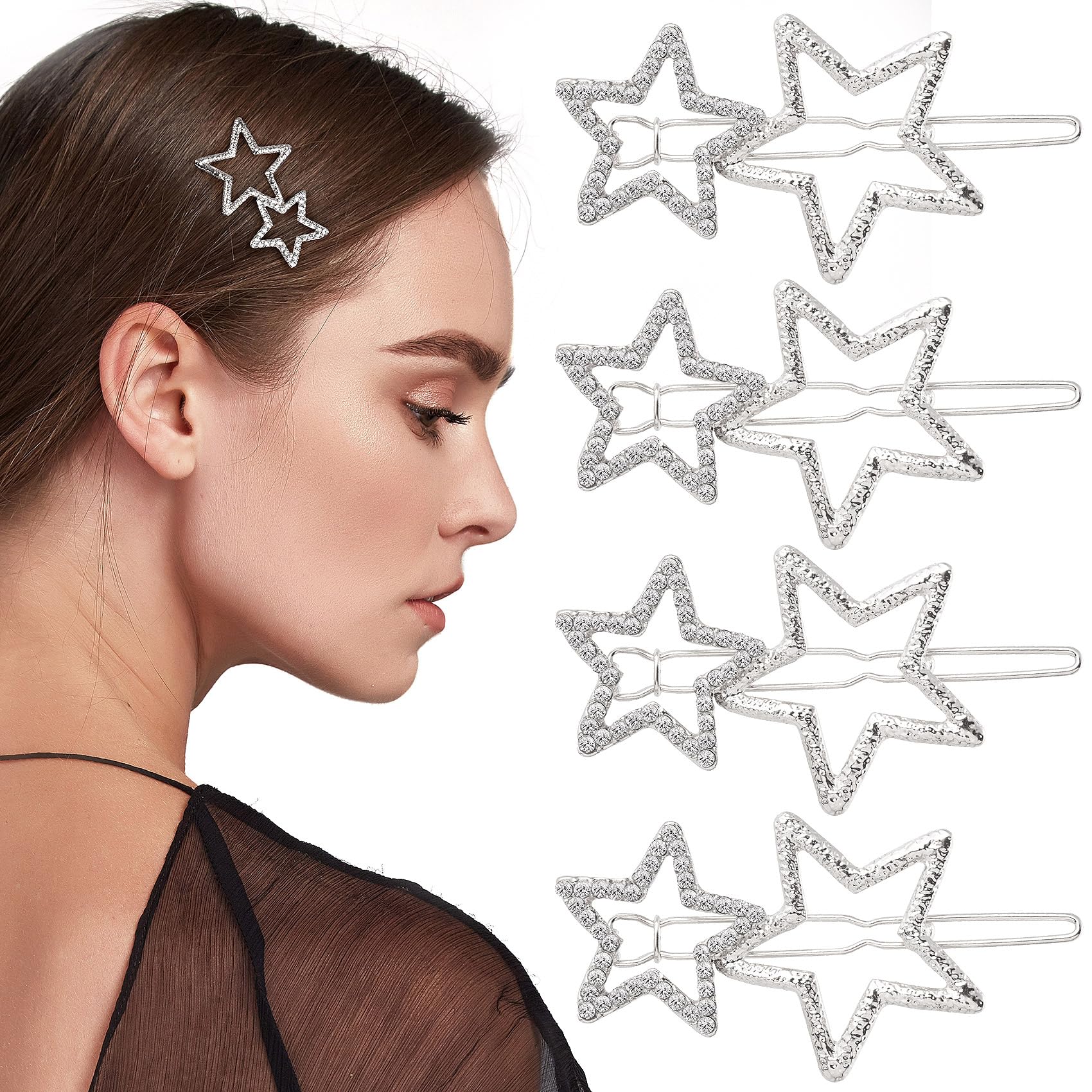 OIIKI Star Hair Clips Pins Silver 8pcs, Star Hair Barrettes Elegant Metal Hair Clips Rhinestone Hairpin, Hollow Geometric Hair P