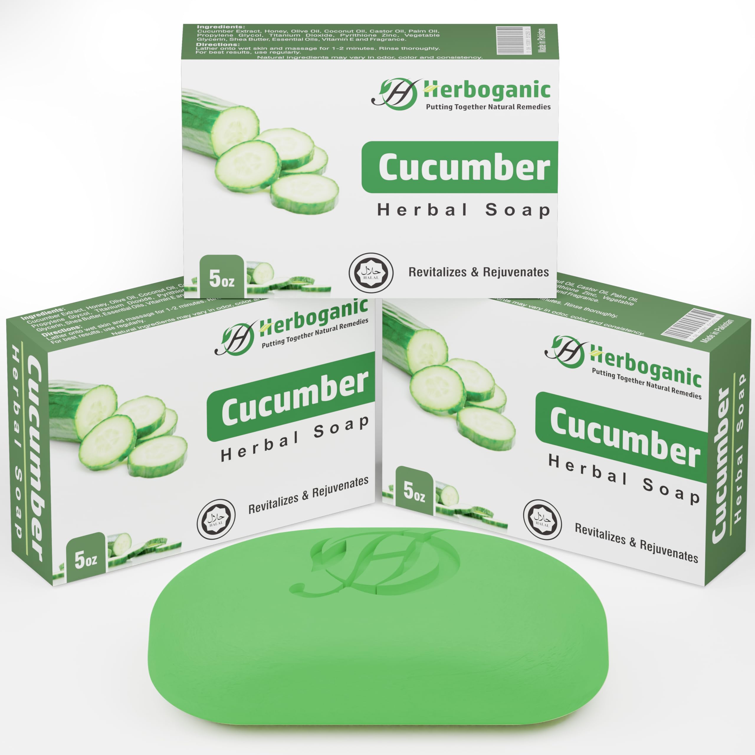 HERBOGANIC Cucumber Herbal Soap | Pack of 3 of 5oz soap Bar | Natural Bar Soap for Face and Body | Hydrating and Nourishing | Su