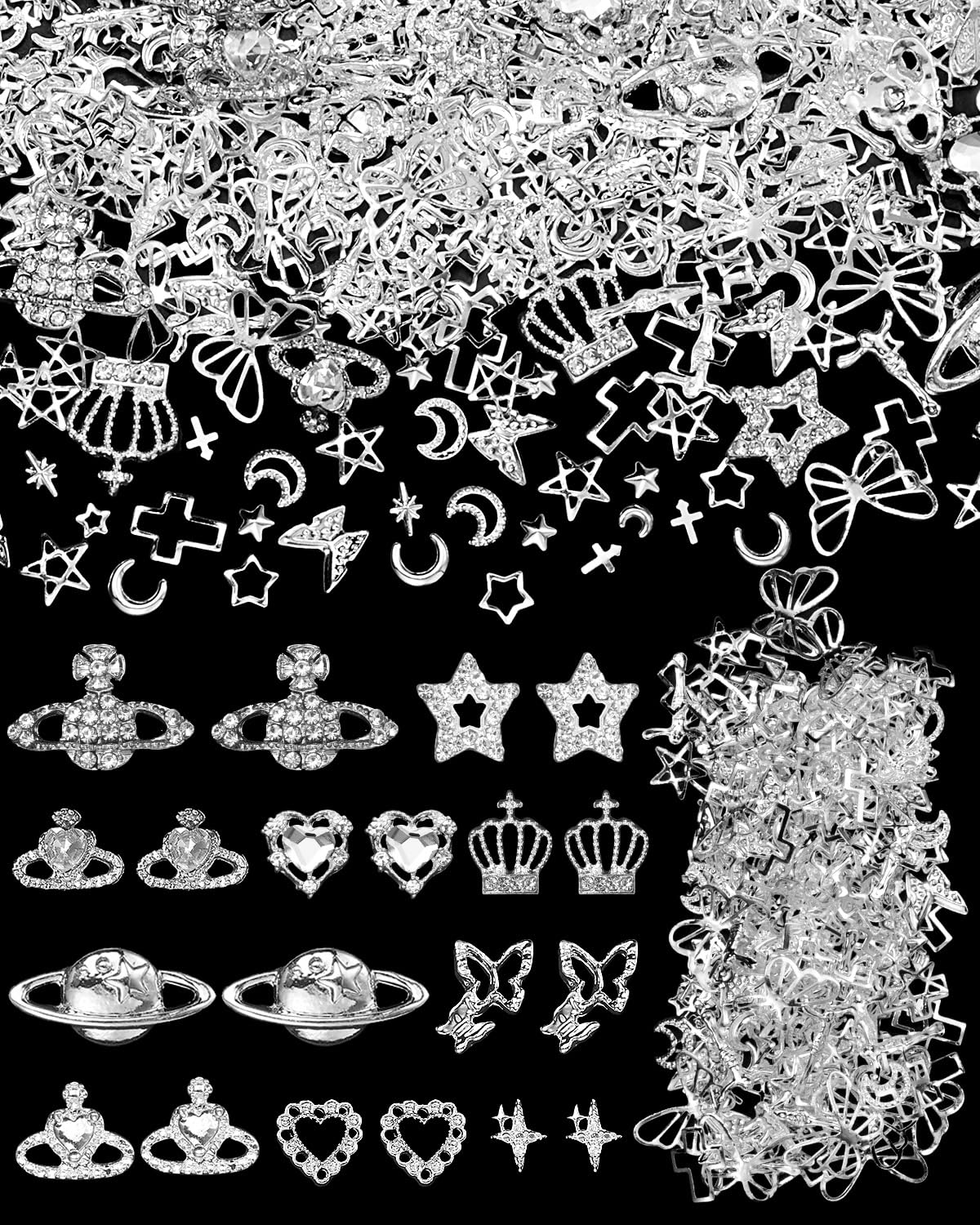 520 Pcs Silver Nail Charms and Metal Rivet Nail Art Studs, 20 Pcs Star Heart Crown Planet Butterfly Cross Nail Gems and Charms, 