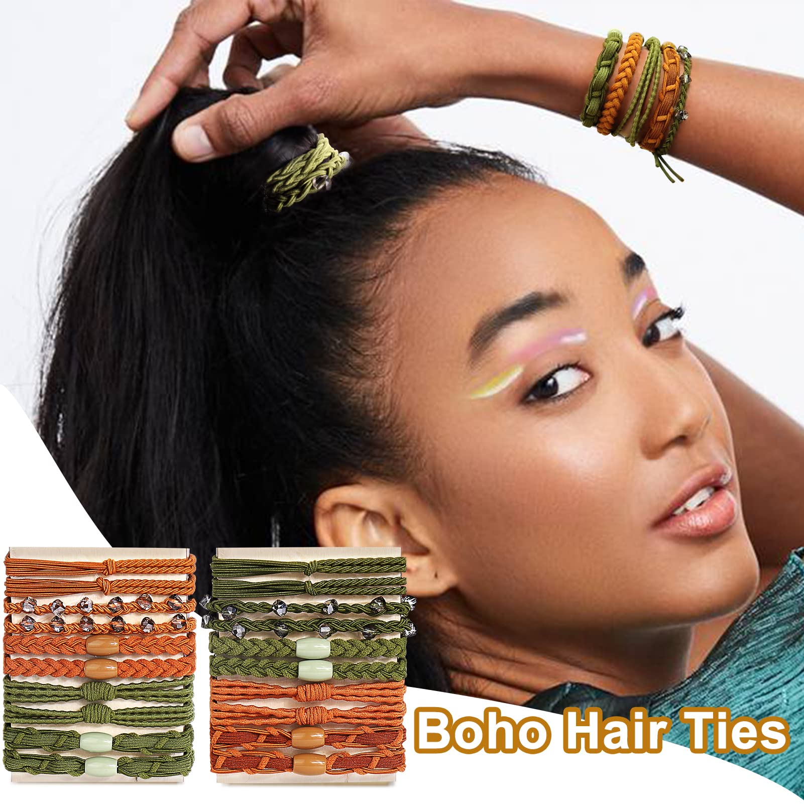 Bsresin 20 Pcs Boho Hair Ties For Women, Crystal Bracelet Hair Ties(Green+Brown), 5 Styles Cute Hair Tie For Thick Hair/Pony Tai
