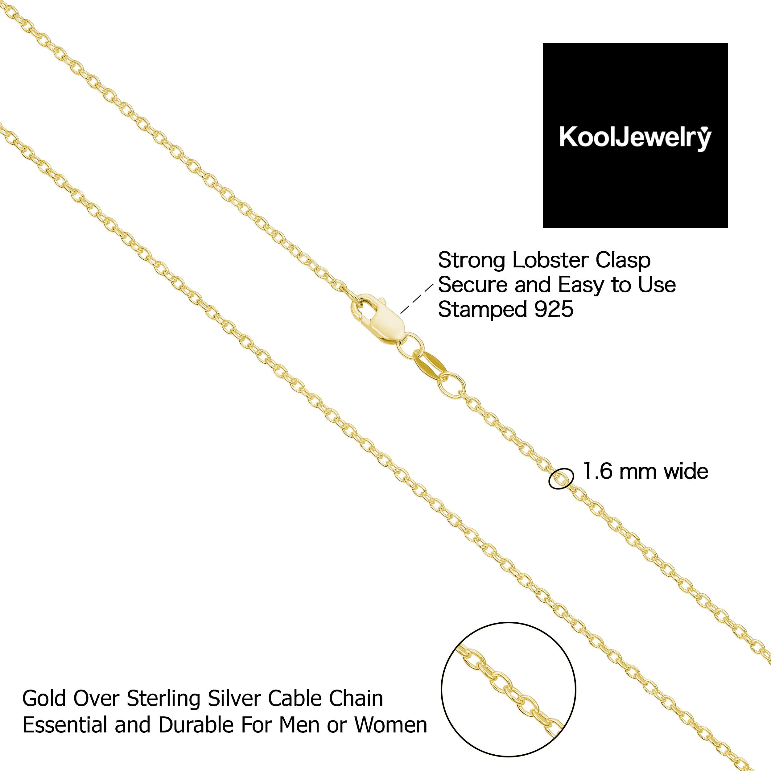 Kooljewelry Yellow Gold Over Sterling Silver Round Cable Chain Necklace (1.6 mm, 18 inch)