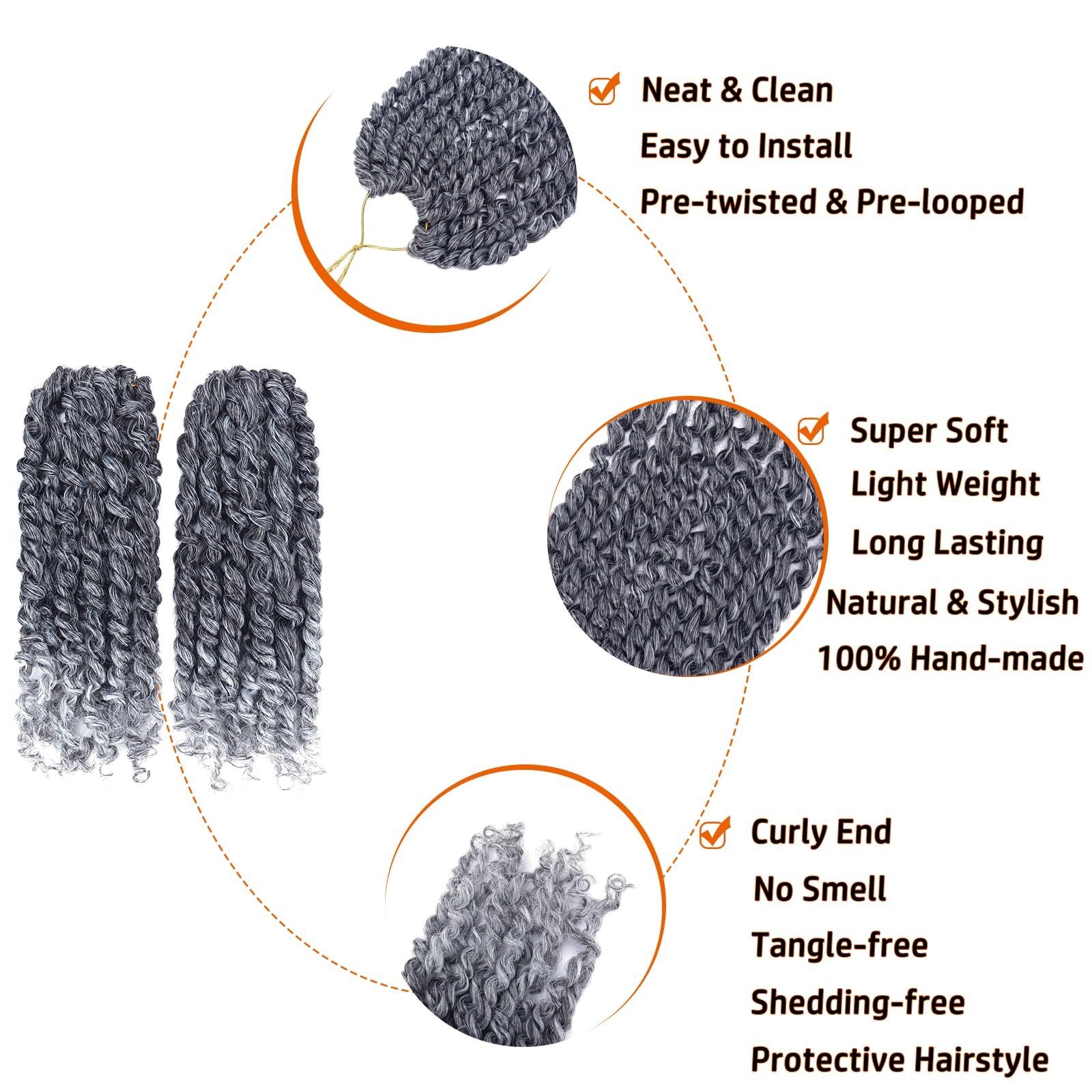 Pre-Twisted Passion Twist Hair 10 Inch 8 Packs Short Passion Twist Crochet Hair Pre-Looped Crochet Braids For Women Kids Gray Pa