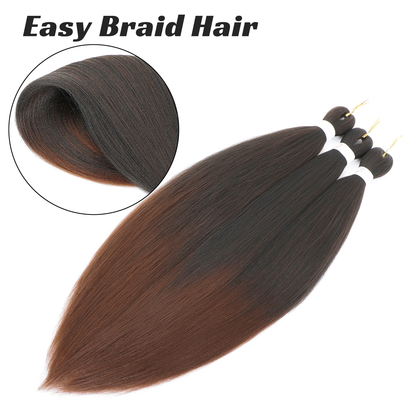Royota Braiding Hair Pre Stretched Ombre Brown 26 Inch 3 Pieces 1B/30 Two Tone Prestretched Ez Braid Synthetic Soft Yaki Knotles