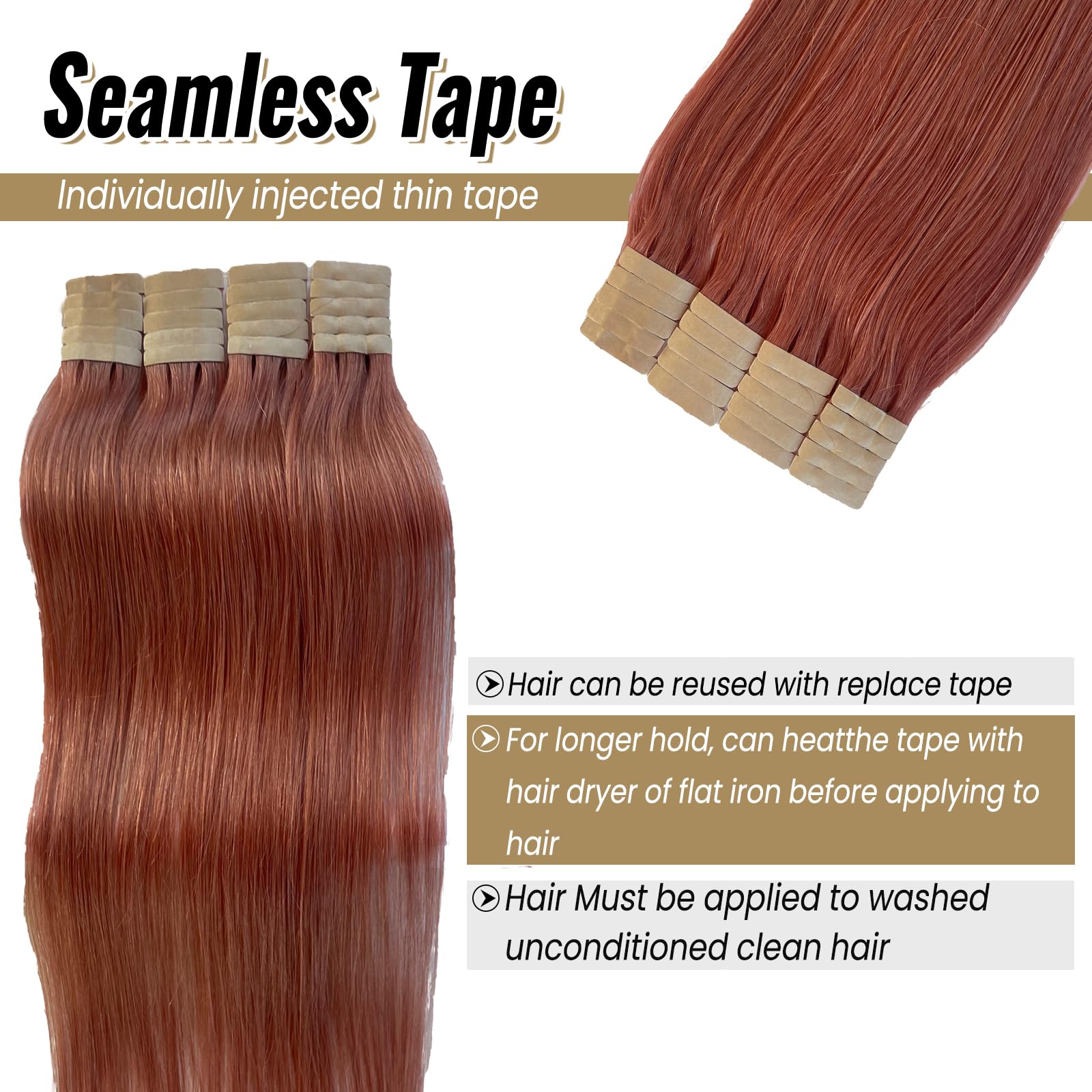 24Inch Tape In Hair Extension 100% Real Human Hair #14 Auburn 20Pcs/Pack Straight Seamless Skin Weft Tape Hair Extensions 70G
