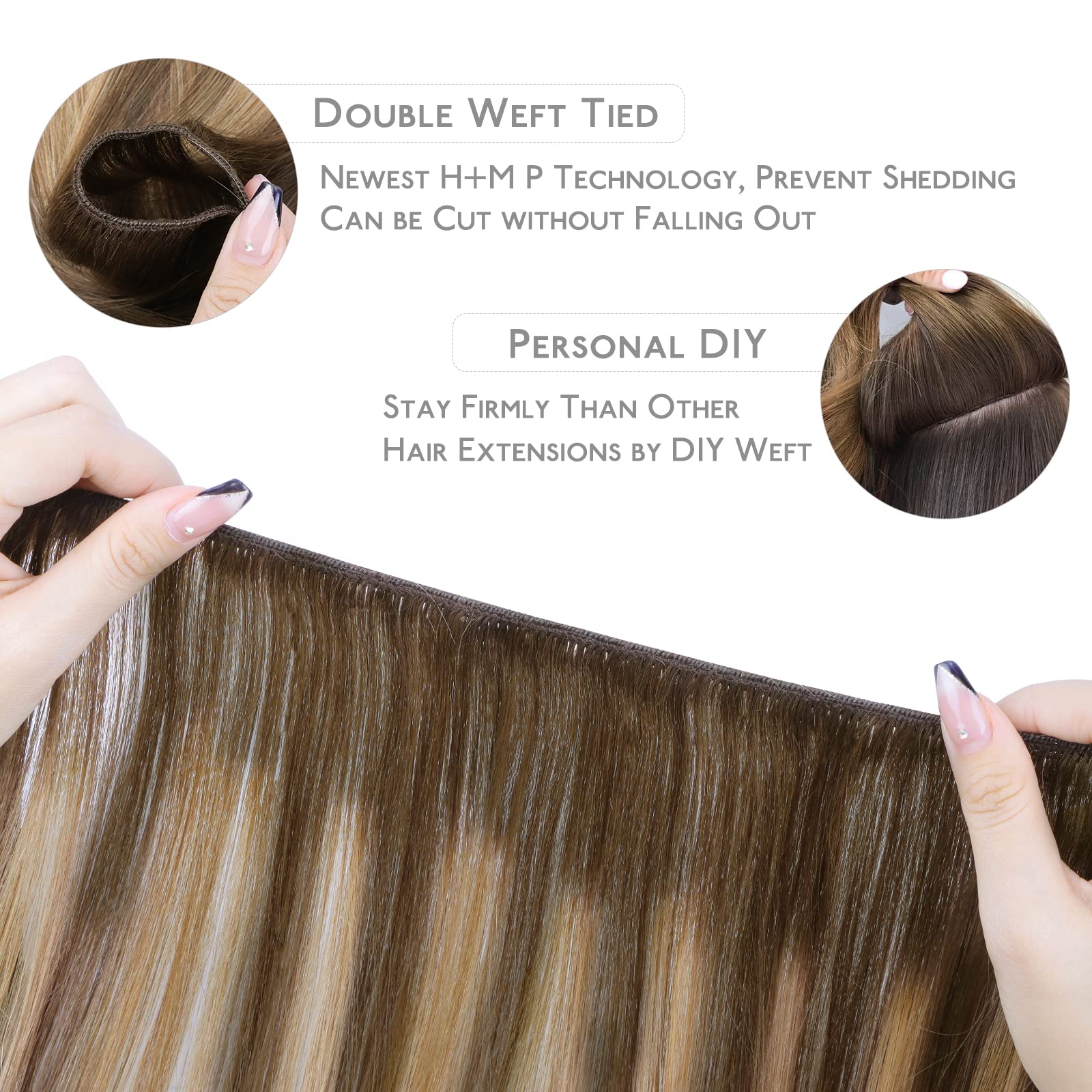 Wennalife Sew In Hair Extensions Real Human Hair, Weft Hair Extensions Human Hair 16 Inch 80G Balayage Chocolate Brown To Carame