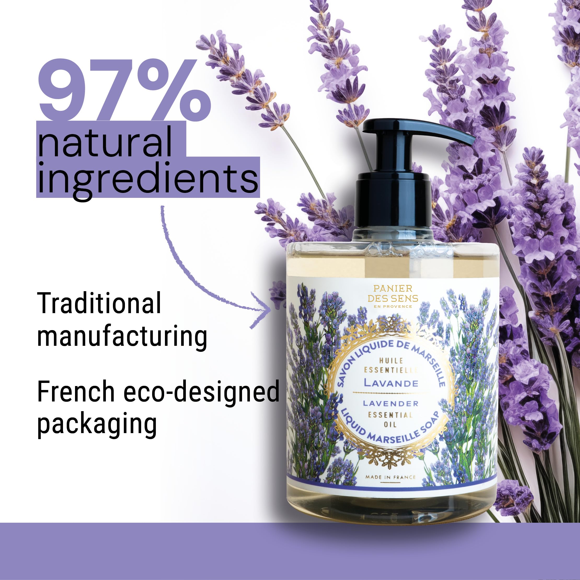 Panier Des Sens - Marseille Liquid Hand Soap - Lavender Hand Wash - Moisturizing Soap With Coconut Oil - Bathroom & Kitchen Refi
