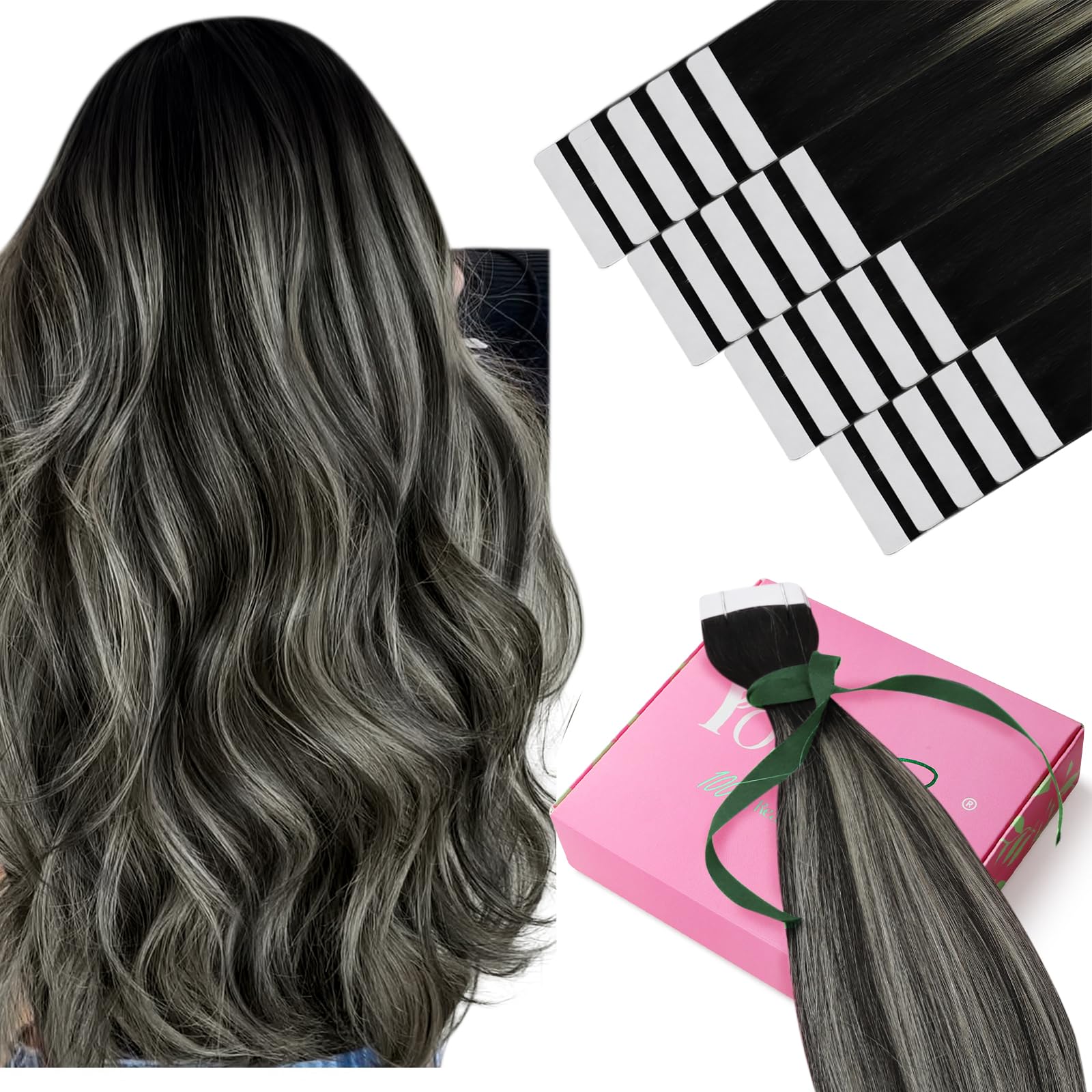 YoungSee Tape in Extensions Human Hair Black Ombre Invisible Tape in Hair Extensions Ombre Black to Silver Tape ins Hair Extensi