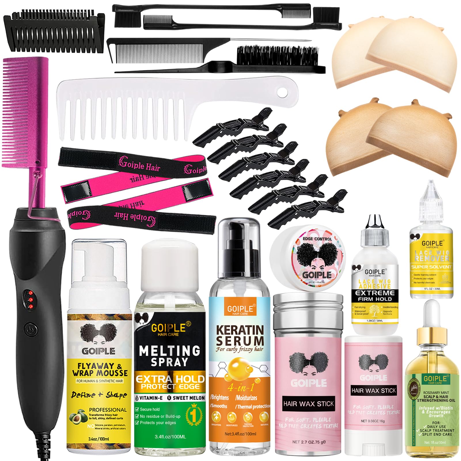 Hot Comb Hair Straightener for Natural Black Hair and Lace Front Wigs - Electric Heat Pressing Comb Set With Lace Melting Spray 