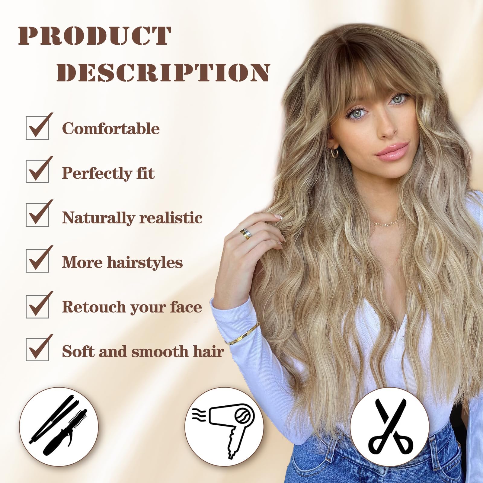 Lativ Dirty Blonde Wig With Bangs Long Wavy Curly Ombre Blonde Wig With Dark Roots Synthetic Heat Resistant Wigs For Women Daily