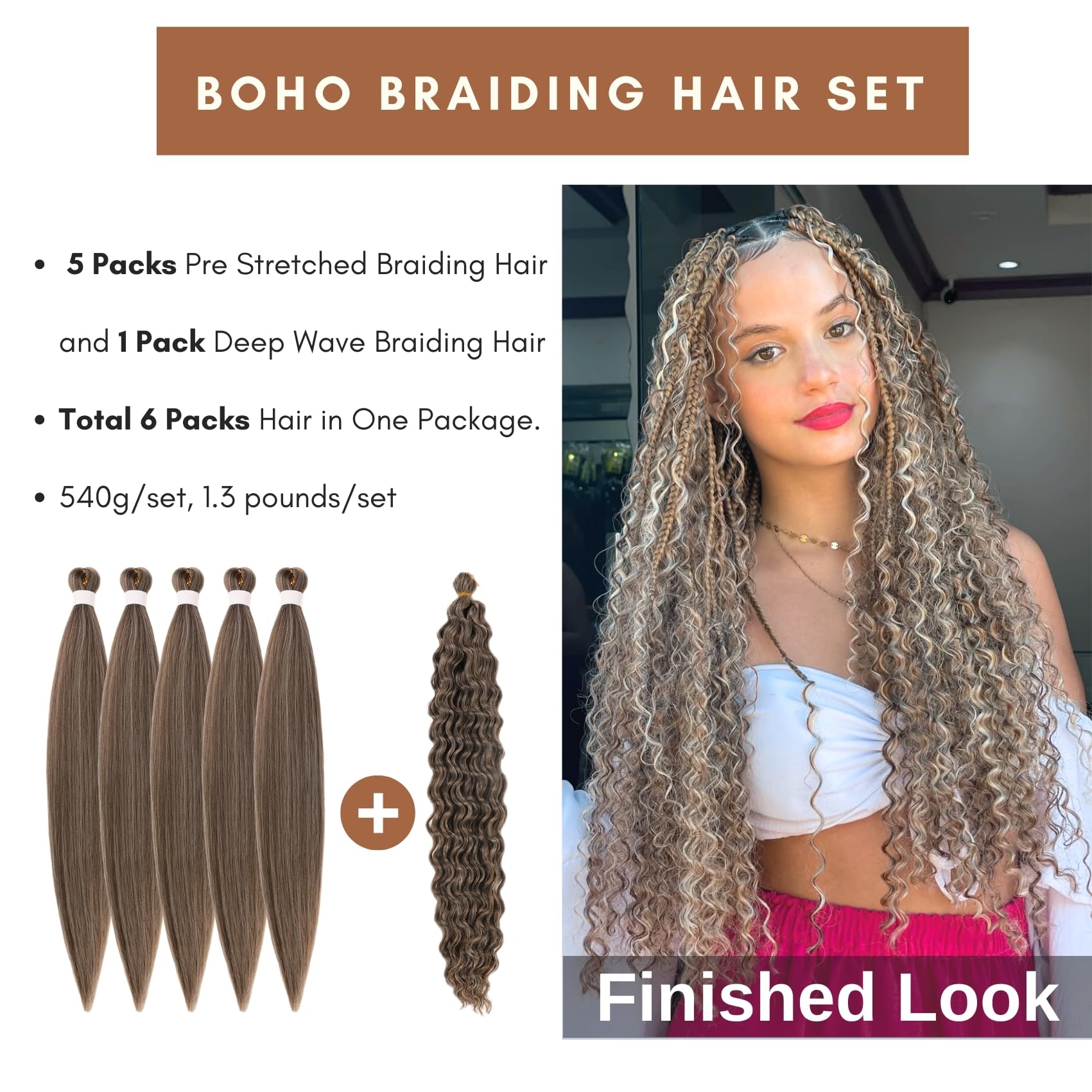 Ash Brown Boho Braiding Hair Synthetic 4/27/613 Mixed Deep Wave Boho Braids Hair for Braiding