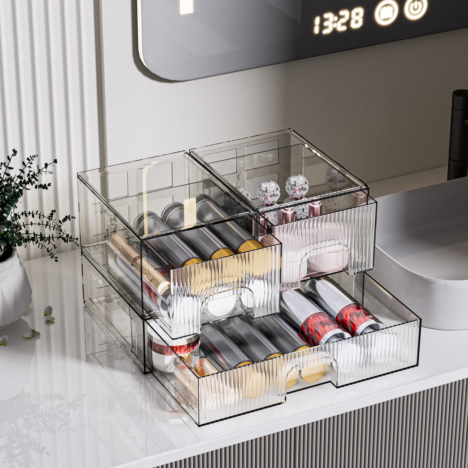 ZHIAI 3 Pack Clear Stackable Cosmetic Organizer with Acrylic Drawers for Cosmetics and Small Items for Dresser, Vanity, Kitchen