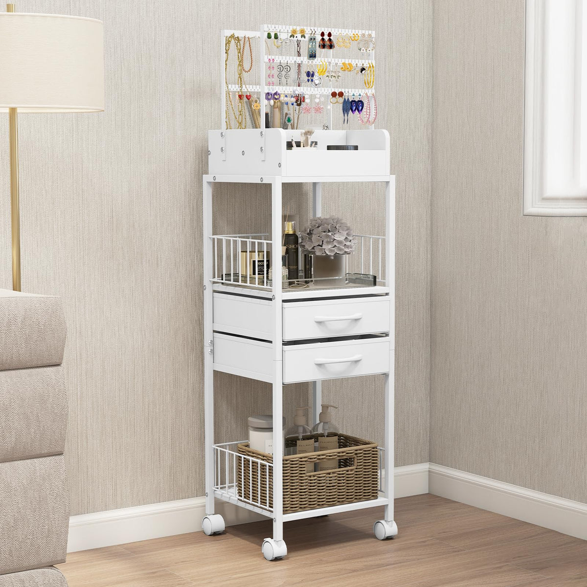 Makeup Organizer, Floor Skincare Vanity Organizers And Storage With Drawers, Jewelry Storage For Earring Necklace, Cosmetics Dis