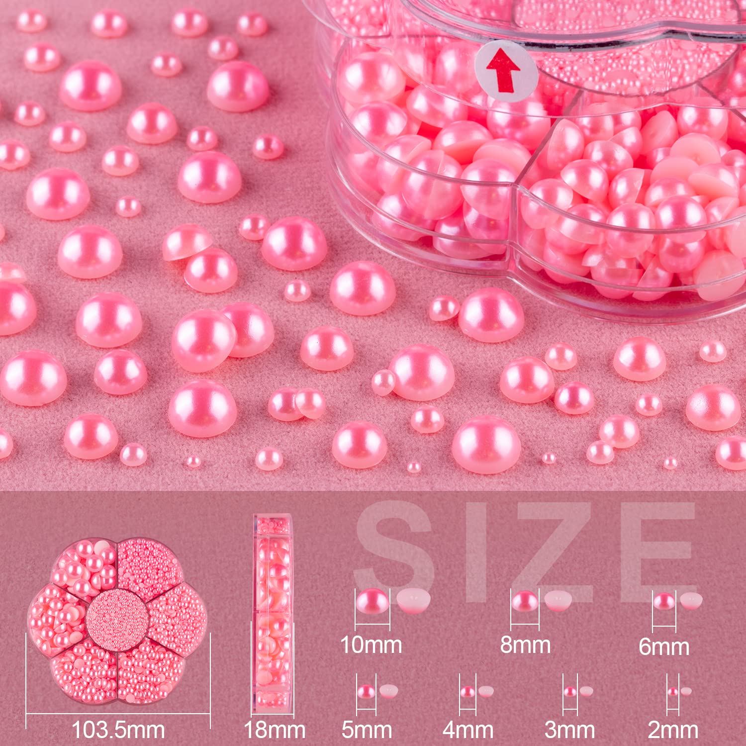 Nail Art Flat Back Half Round Pearl Kits 12, 1 Box of 5600 Pcs Flat-Back Pink Pearl with Tweezer and Picker Pencil for Home DIY