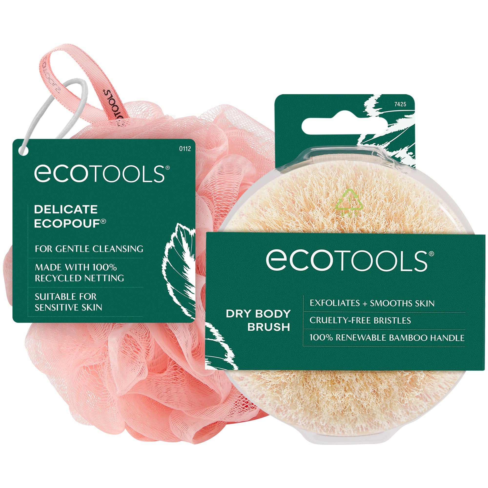 EcoTools Dry Body Brush + Pink Delicate EcoPouf, Exfoliating Loofah Set