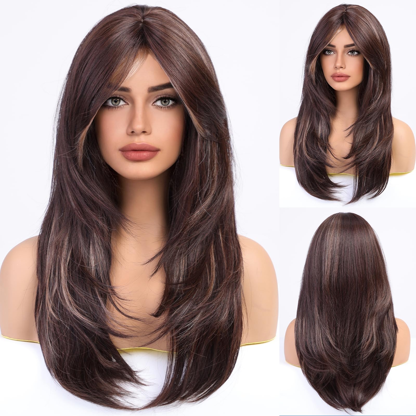 HAIRCUBE Brown Wigs for Women,Long Layered Brown with Blonde Highlight Wigs with Bangs Heat Resistant Synthetic Fibre Wigs