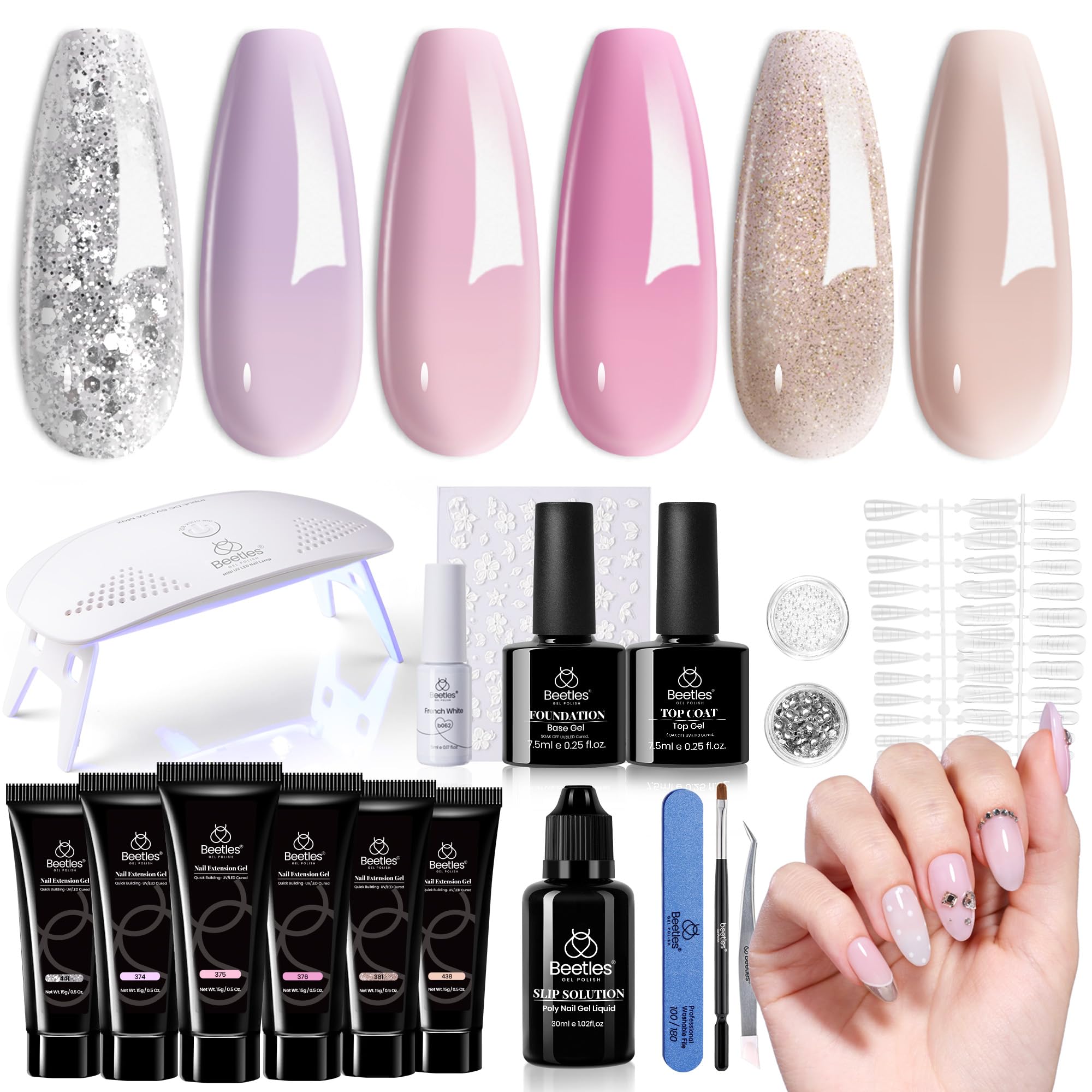 Beetles Poly Extension Gel Nail Kit Bubblegum Garden 23Pcs Chrome Powder Include, 12 Colors Poly Nail Gel Starter Kit All-In-1 S