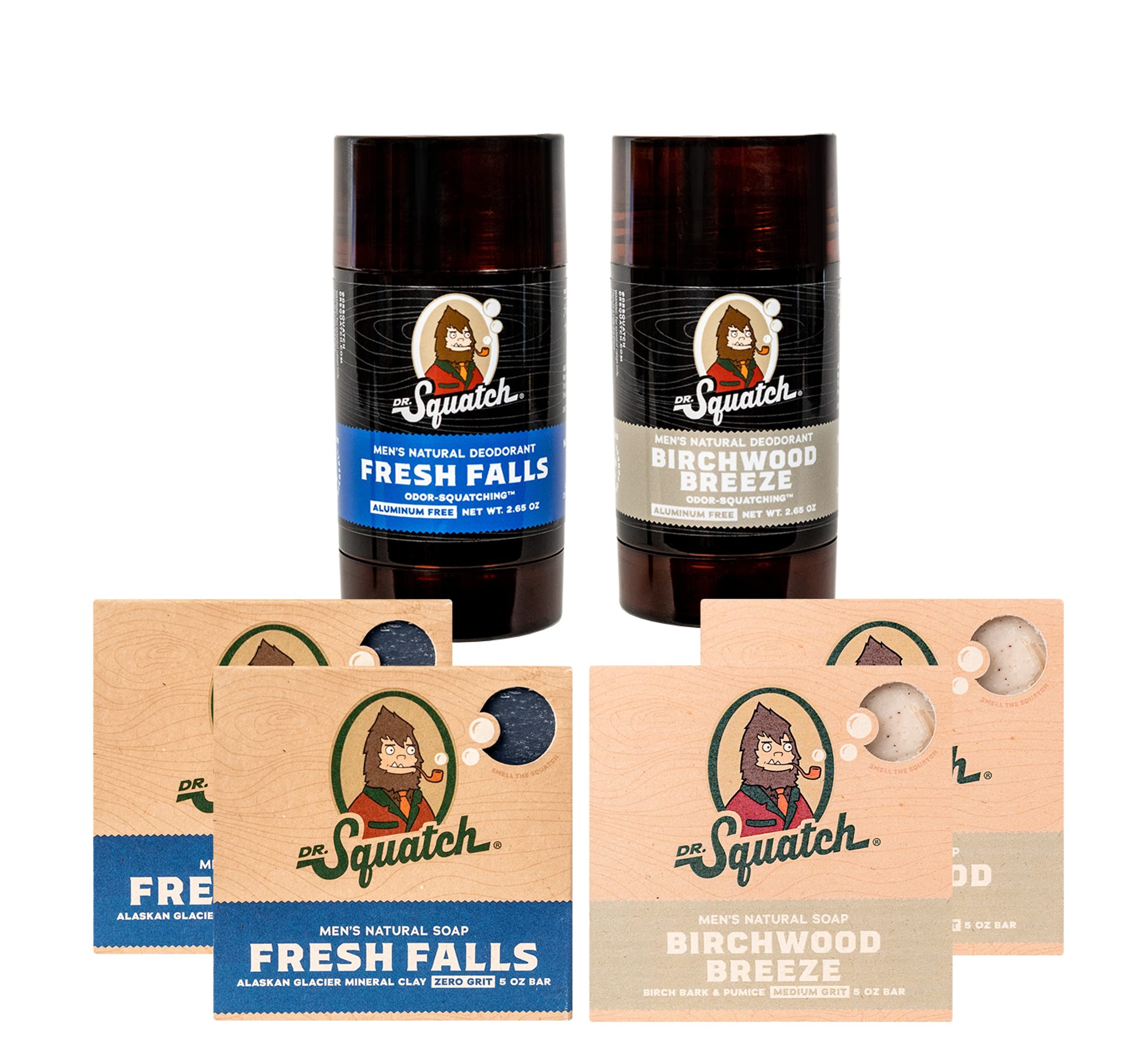 Dr. Squatch Manly Soap and Deodorant Variety Pack - Handmade with Organic Oils, Aluminum-Free - Birchwood Breeze and Fresh Falls