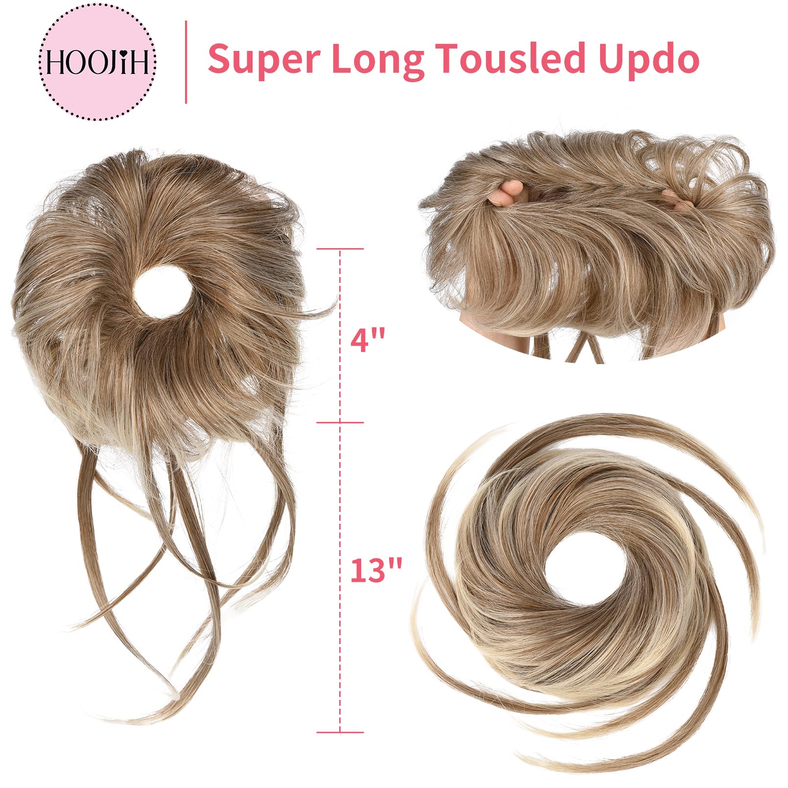 HOOJIH Messy Bun Hair Piece, Super Long Tousled Updo Hair Bun Extensions Wavy Hair Wrap Ponytail Hairpieces Hair Scrunchies with