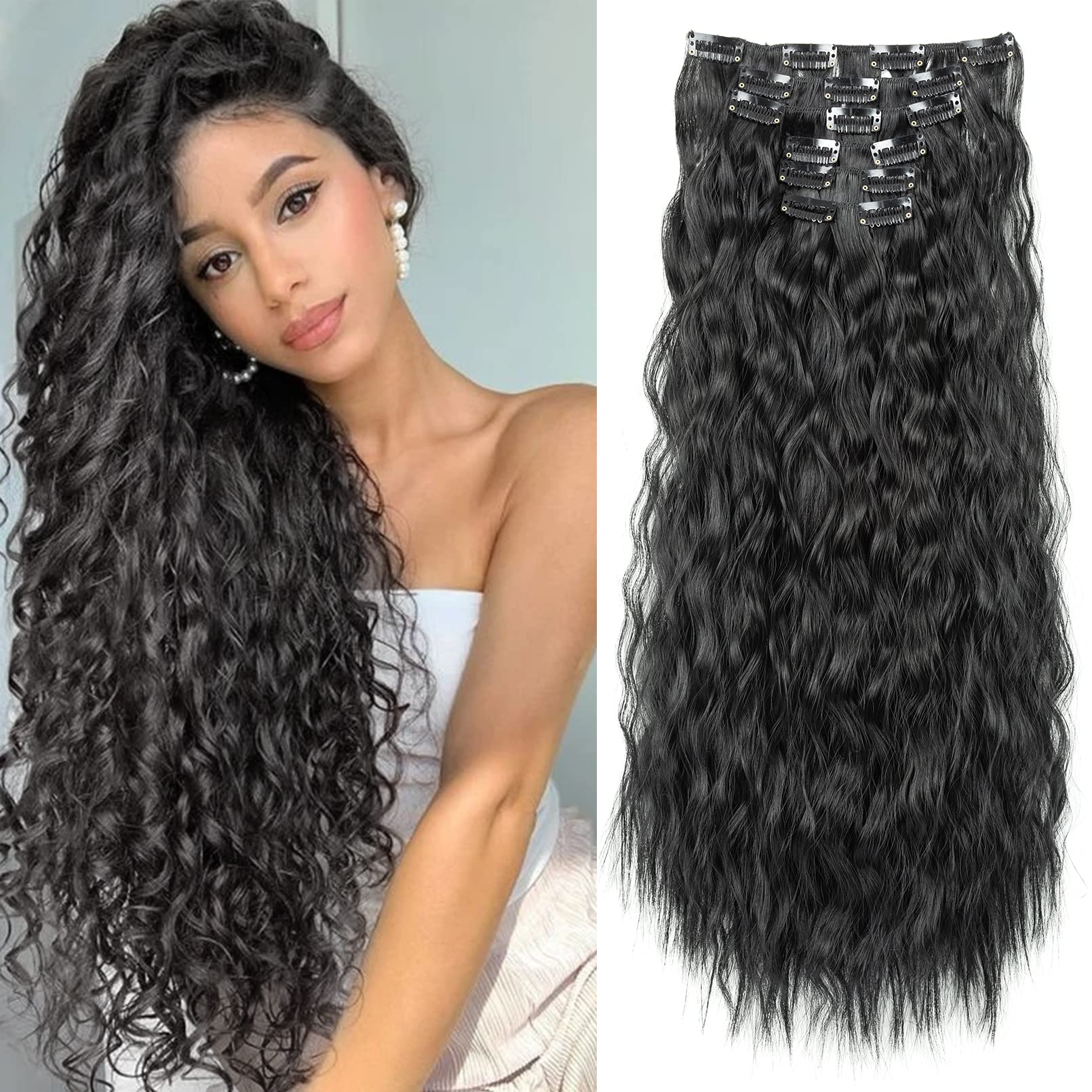 LONAI Clip In Hair Extensions, 6PCS 24'' Black Hair Extensions Long Mermaid Waves Wavy Synthetic Clip On Hairpiece For Women(Bla