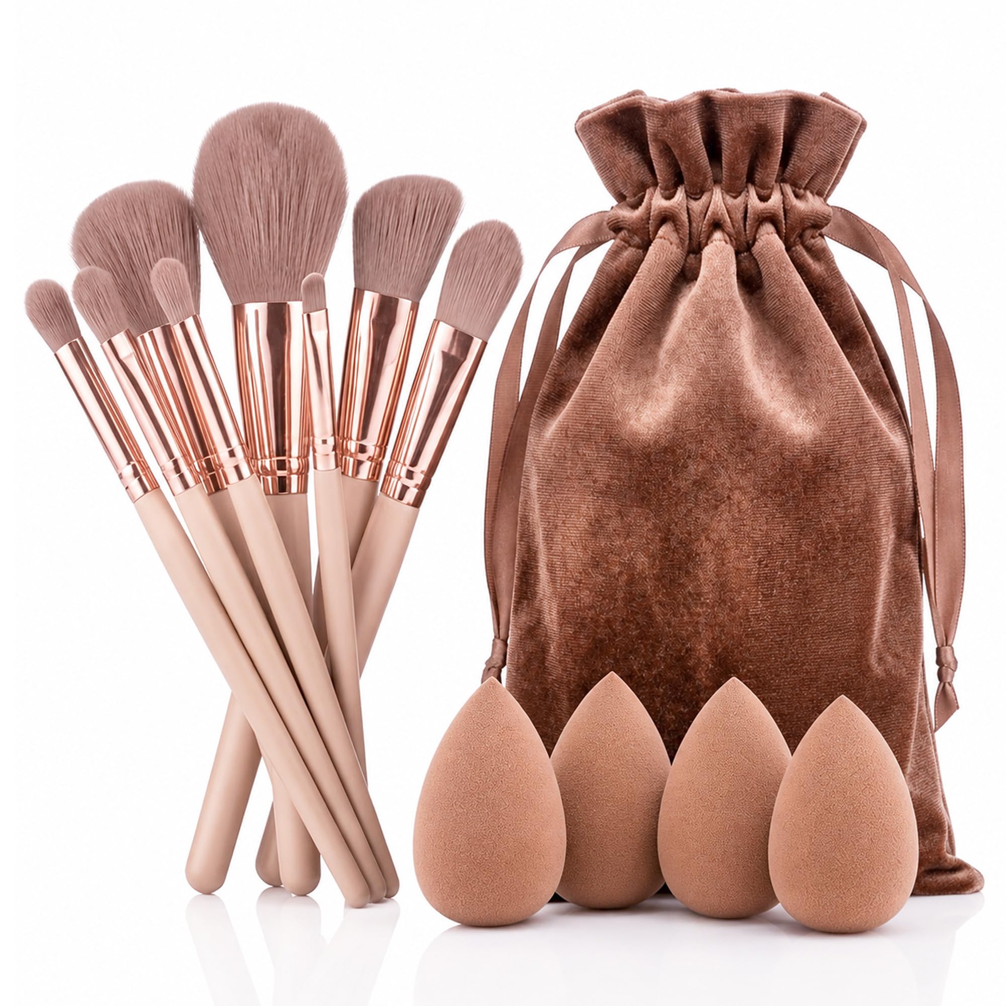 Glun Professional Makeup Brush Set With Beauty Blender Sponges, Loofha & Storage Pouch, Soft Bristle Cosmetic Brushes Kit For Fo