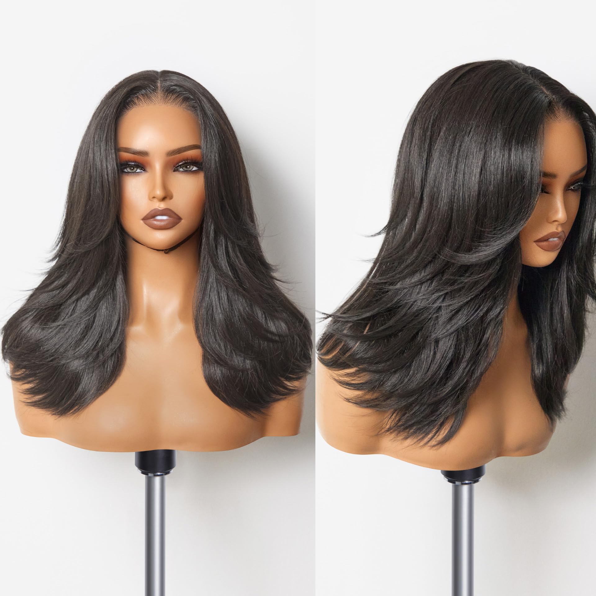 GORGIUS Black Straight Lace Front Wigs Pre Cut Wear and Go Glueless Layered Wig Middle Part Fiber Blend Human Hair Frontal Wig w