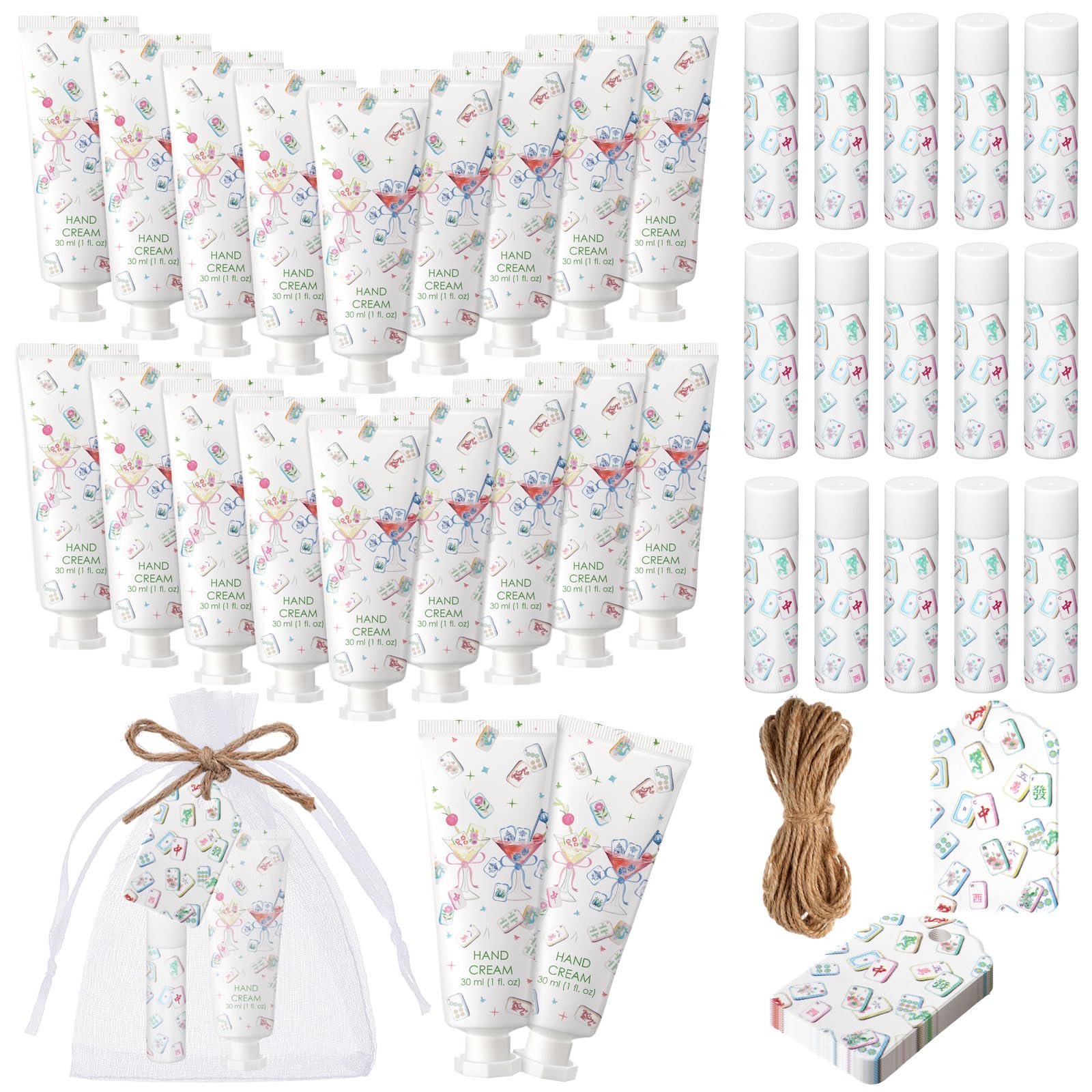 24 Sets Mahjong Themed Hand Cream and Lip Balm Mah Jong Themed Gift Mahjong Party Favors for Guests Travel Size Hand Lotion Lip 