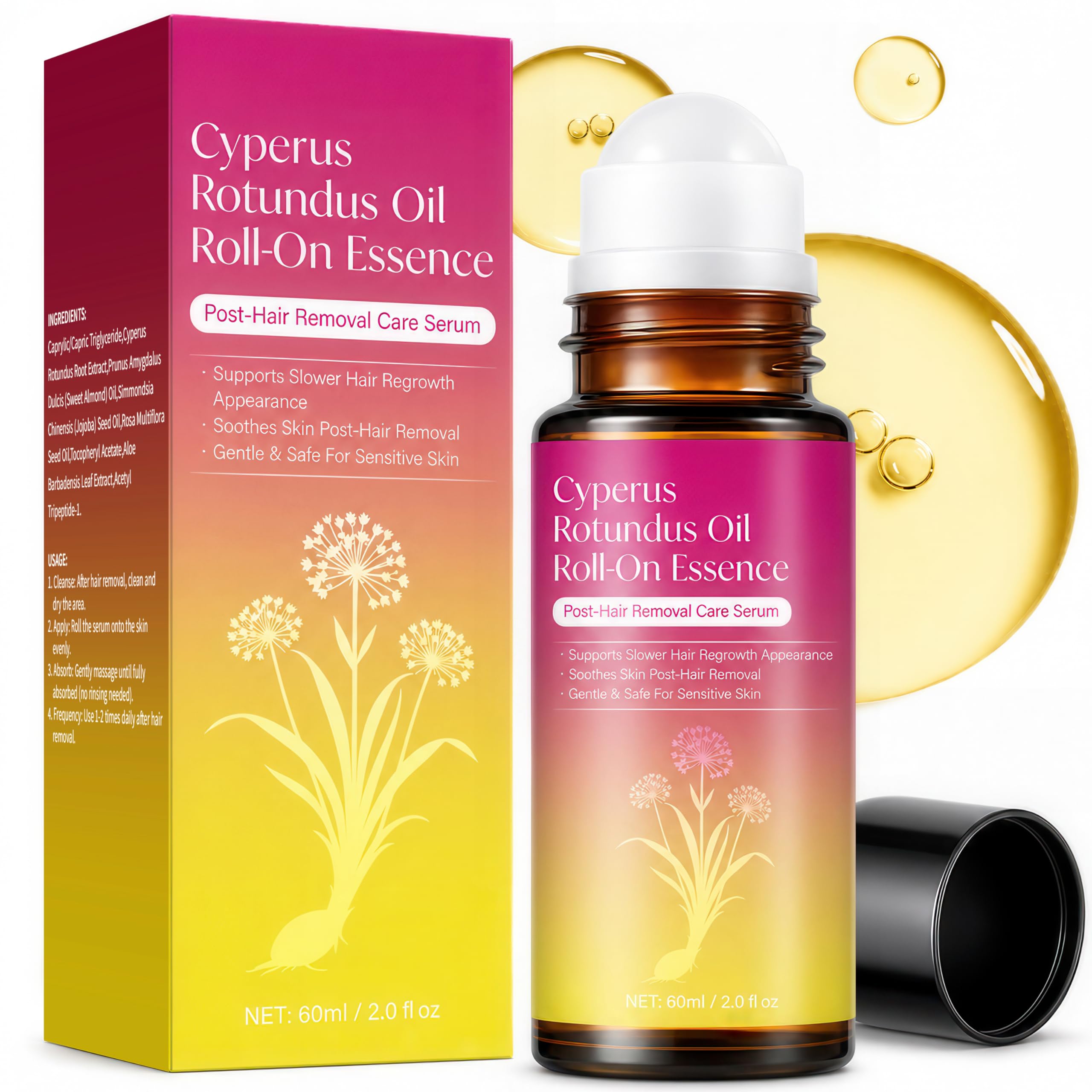 ZIIDII Cyperus Rotundus Oil Serum RollOn, Natural Cyprus Cypress Oil for Hair Removal, Hair Growth Inhibitor to Reduce Unwanted