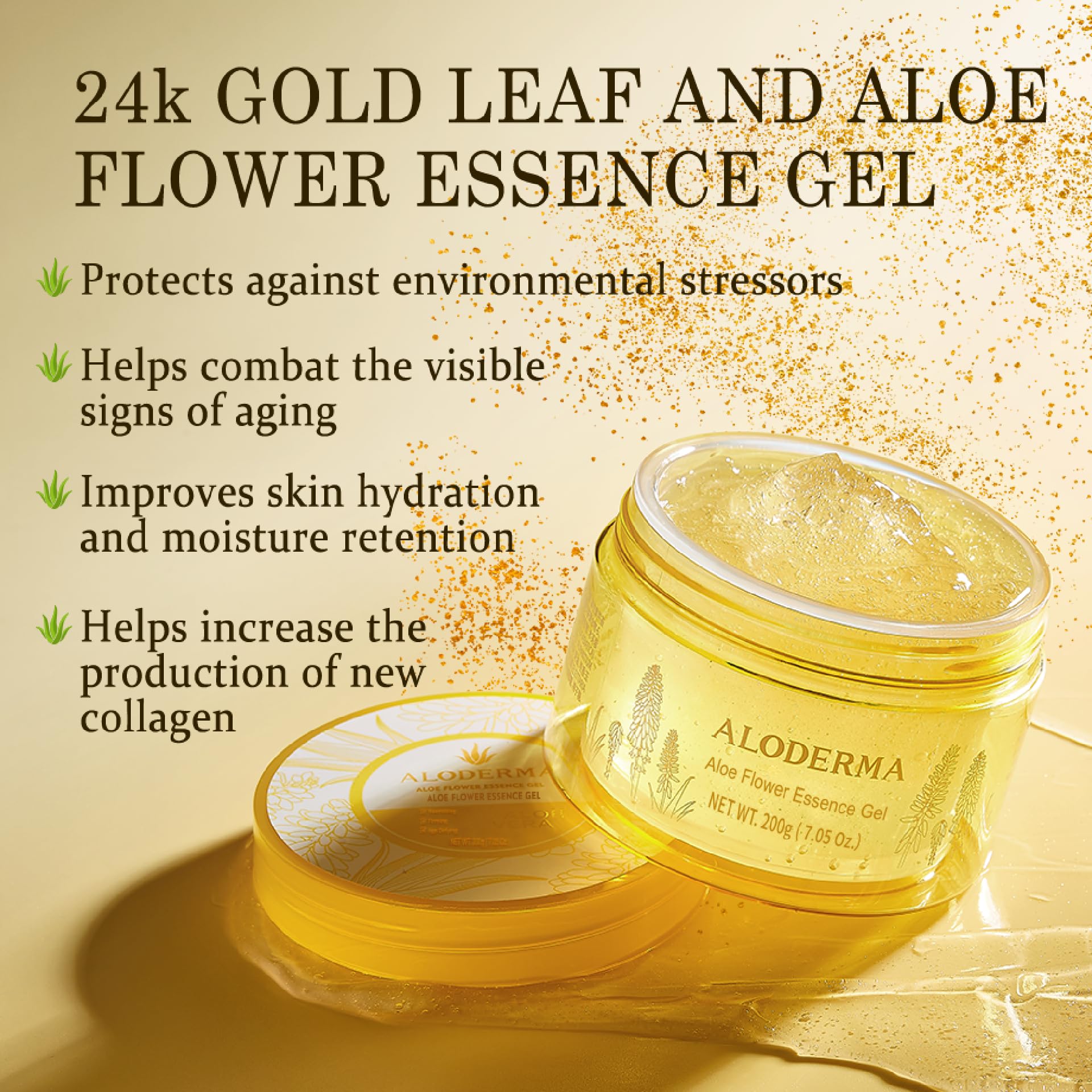 Aloderma Age-Defying 24K Gold Leaf Aloe Flower Essence Gel, Made Within 12 Hours Of Harvest - Luxurious Aloe Gel With Allantoin