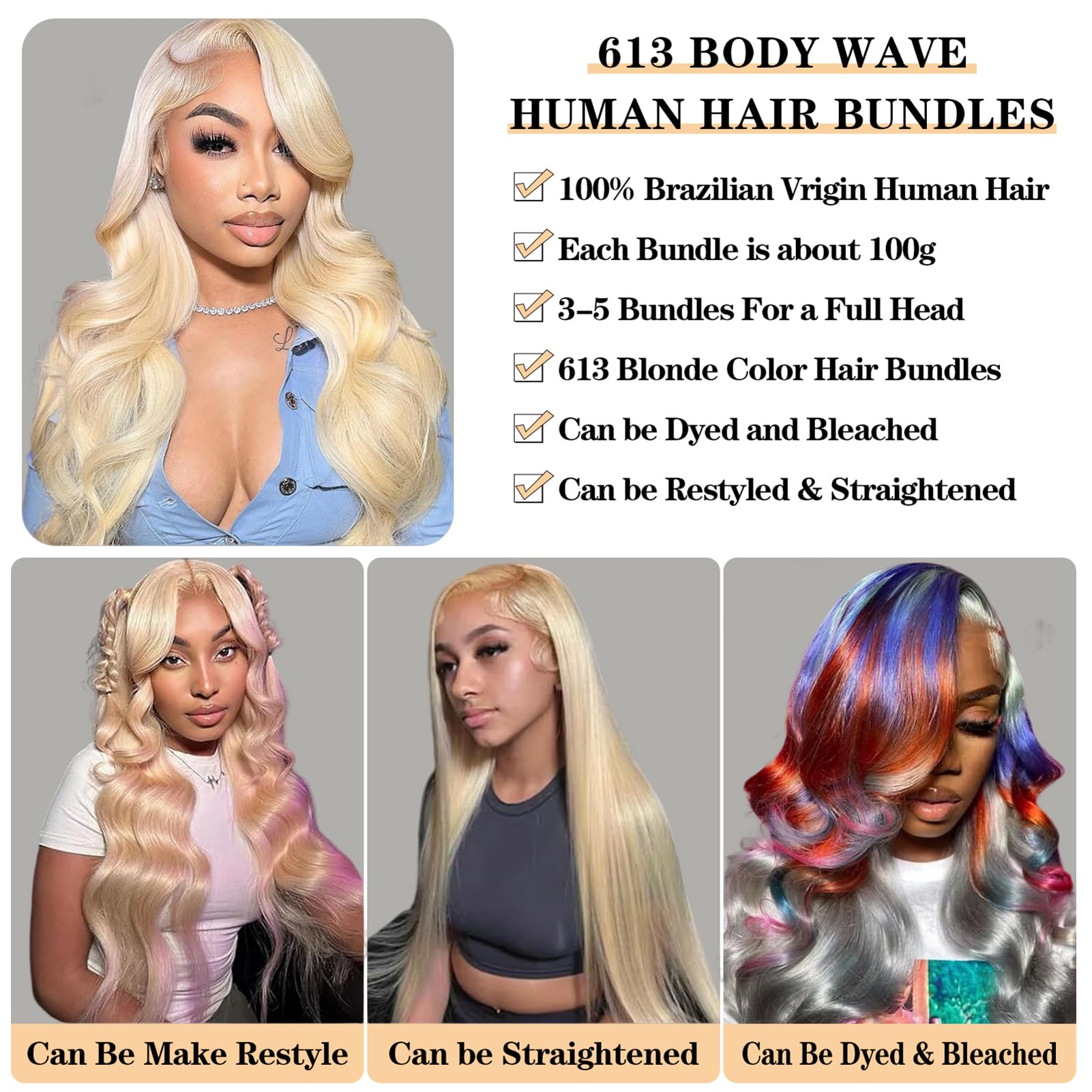 Royal Impression 613 Blonde Bundles Body Wave Human Hair 20'' 20'' 20'' 12A Grade 613 Blonde Body Wave Human Hair 3 Bundles 100%