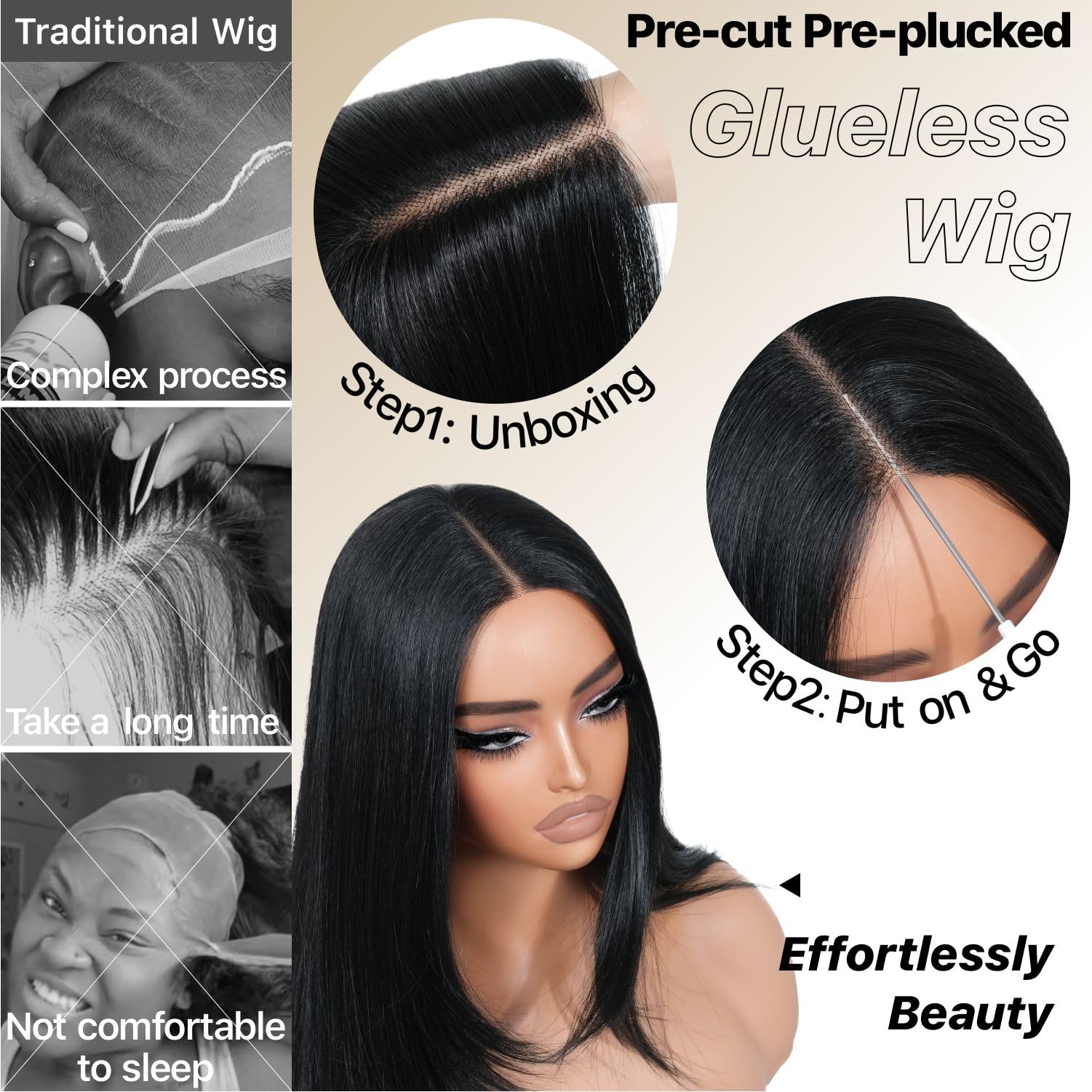 BrownBomb Black Wear and Go Glueless Wigs Pre Plucked Pre Cut for Beginners Long Layered Straight Synthetic Lace Front Wigs with