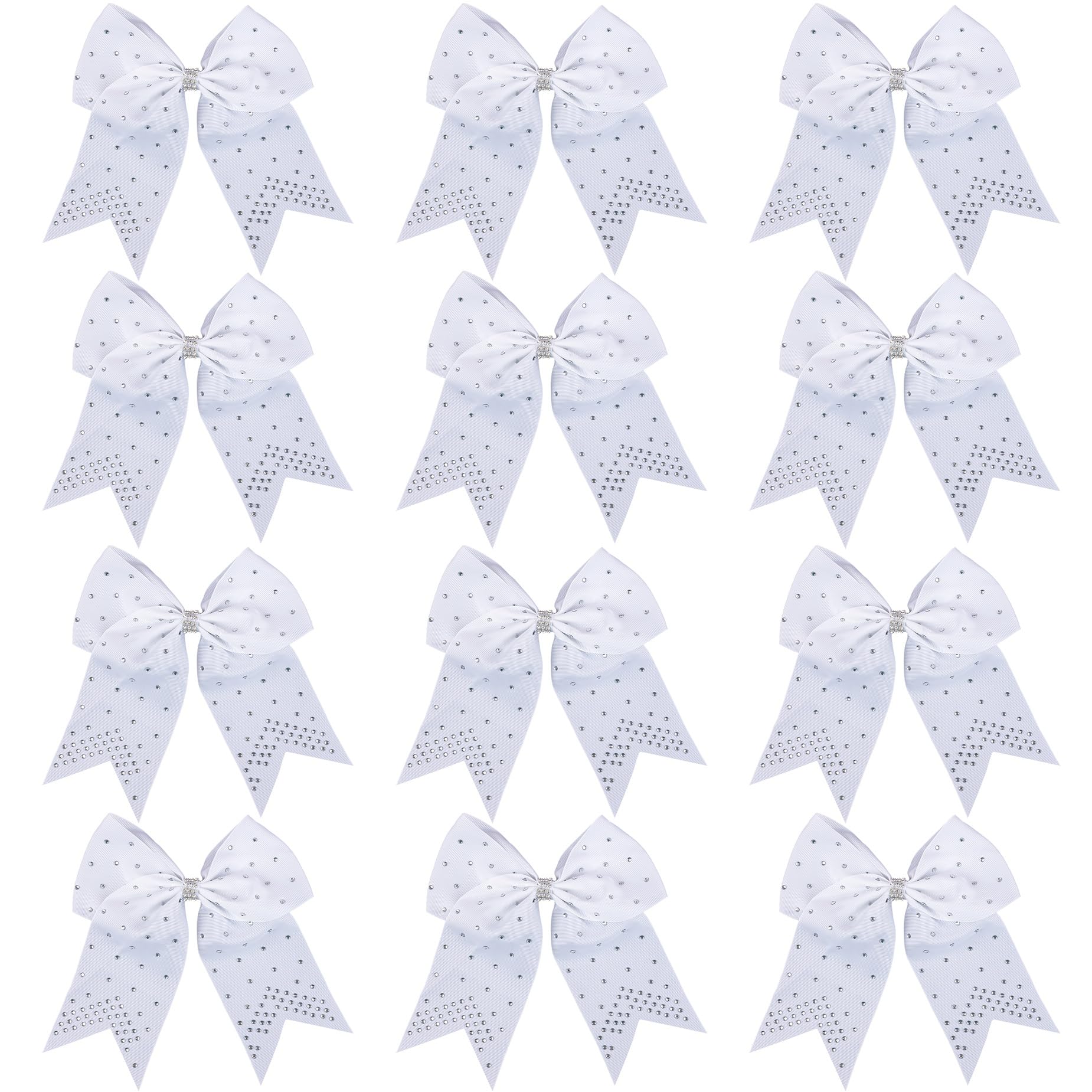 Framendino, 12 Pack Large Cheer Hair Bows 7 White Glitter Bow Sparkly Cheerleader Elastic Band Ponytail Holder for Sports Cheerl