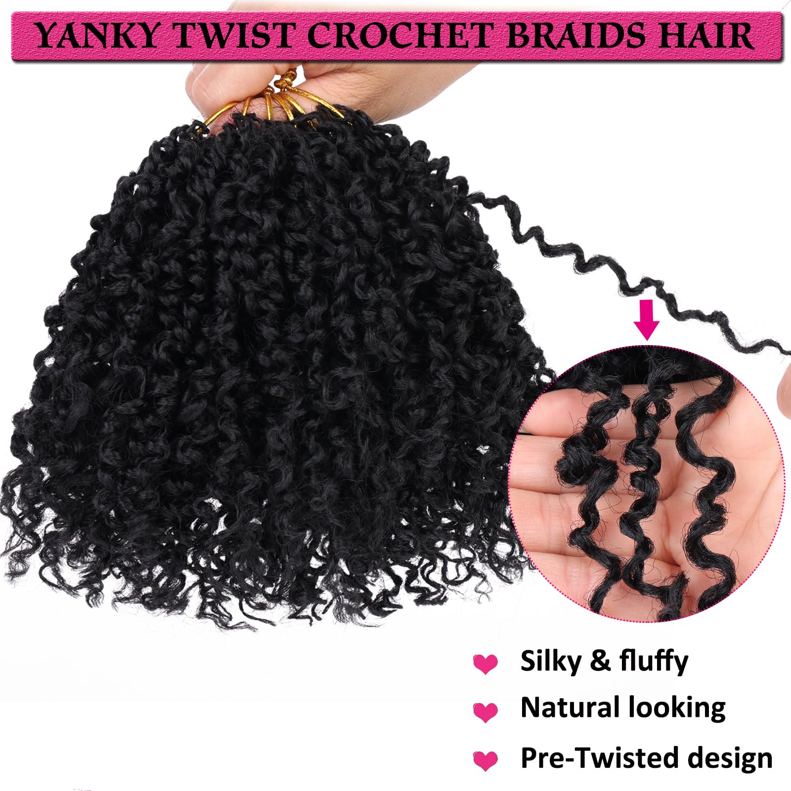 Unionbeauty 6 Inch Yanky Twist Crochet Braids Hair 8Packs Natural Black Pre-Twisted Micro Passion Twist Crochet Hair Pre-Looped