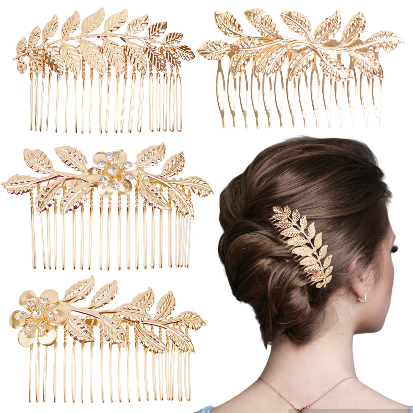 4 PCS Leaf Hair Side Combs Gold Rhinestone Hair Comb Clips with Teeth Vintage Wedding Headpiece Decorative Hair Accessories for 