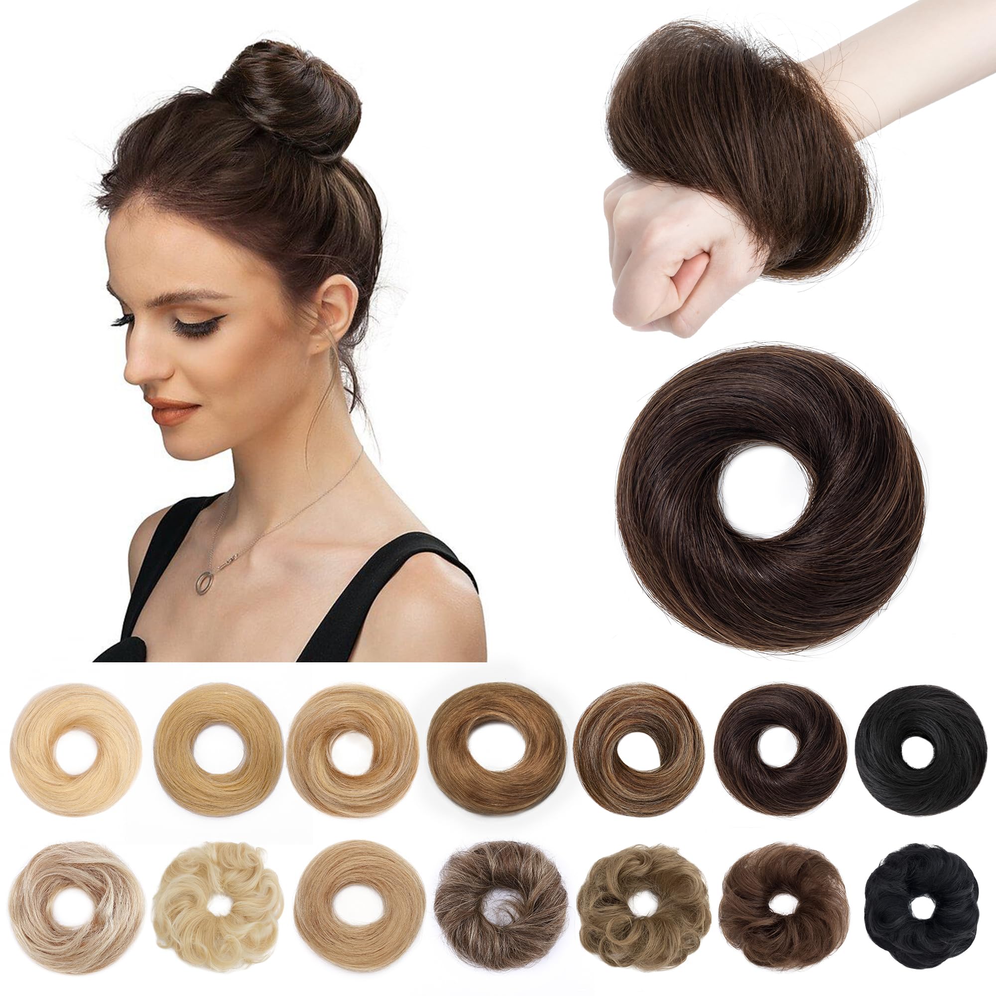 SEGO Human Hair Messy Bun Hair Piece Dark Brown Real Human Hair Scrunchies Natural Wavy Smoothed Updo Hairpieces Donut Chignon P
