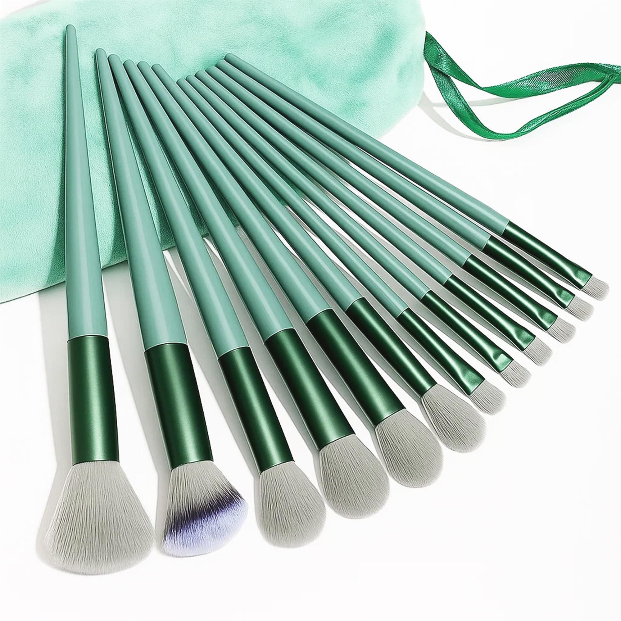 Glun Metallic Green Professional 13Piece Makeup Brushes With Travel Bag, Face, Eye & Highlight Brushes