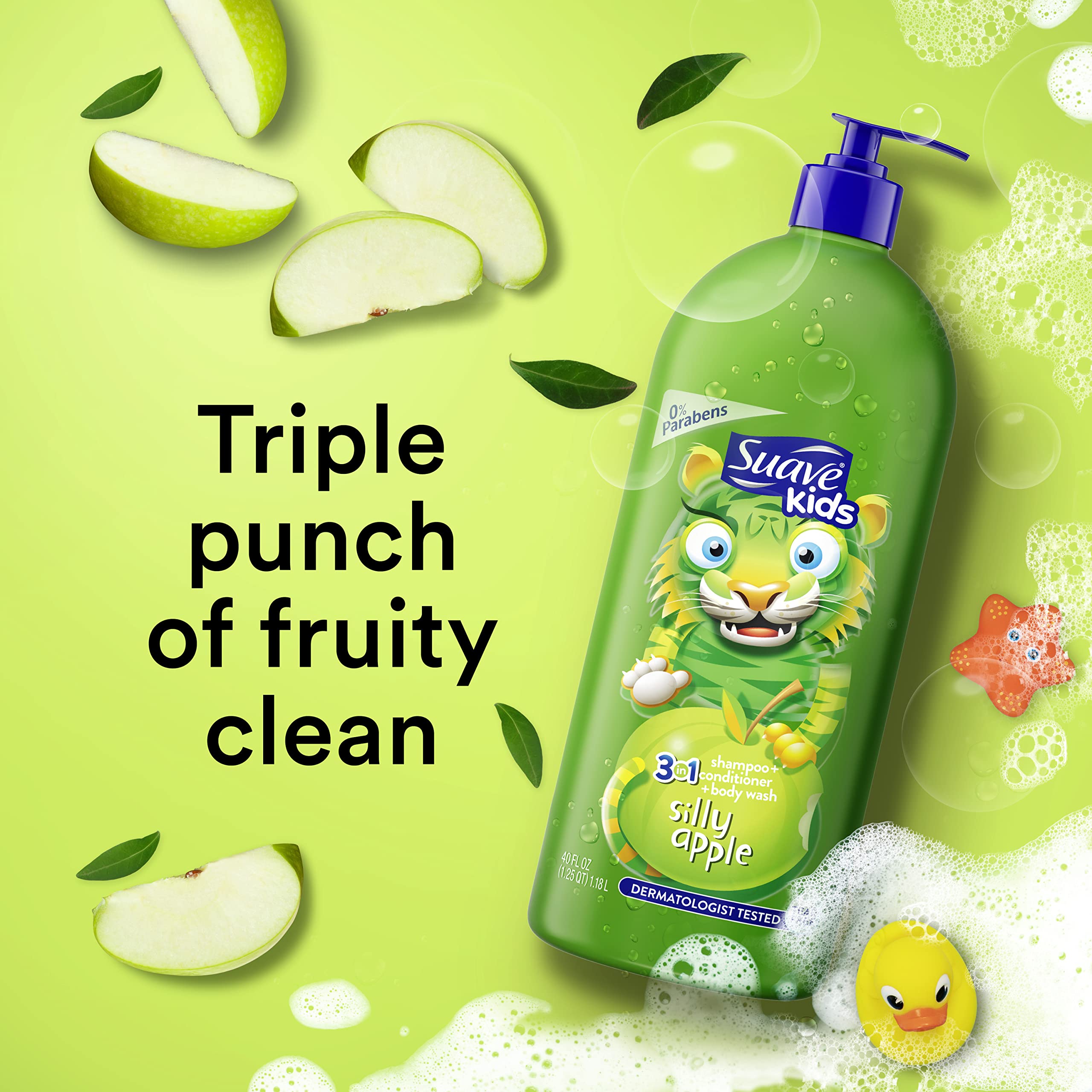 Suave Kids 3-In-1 Shampoo, Conditioner, Body Wash For Tear-Free Bath Time, Silly Apple, Dermatologist-Tested Kids Shampoo 3-In-1