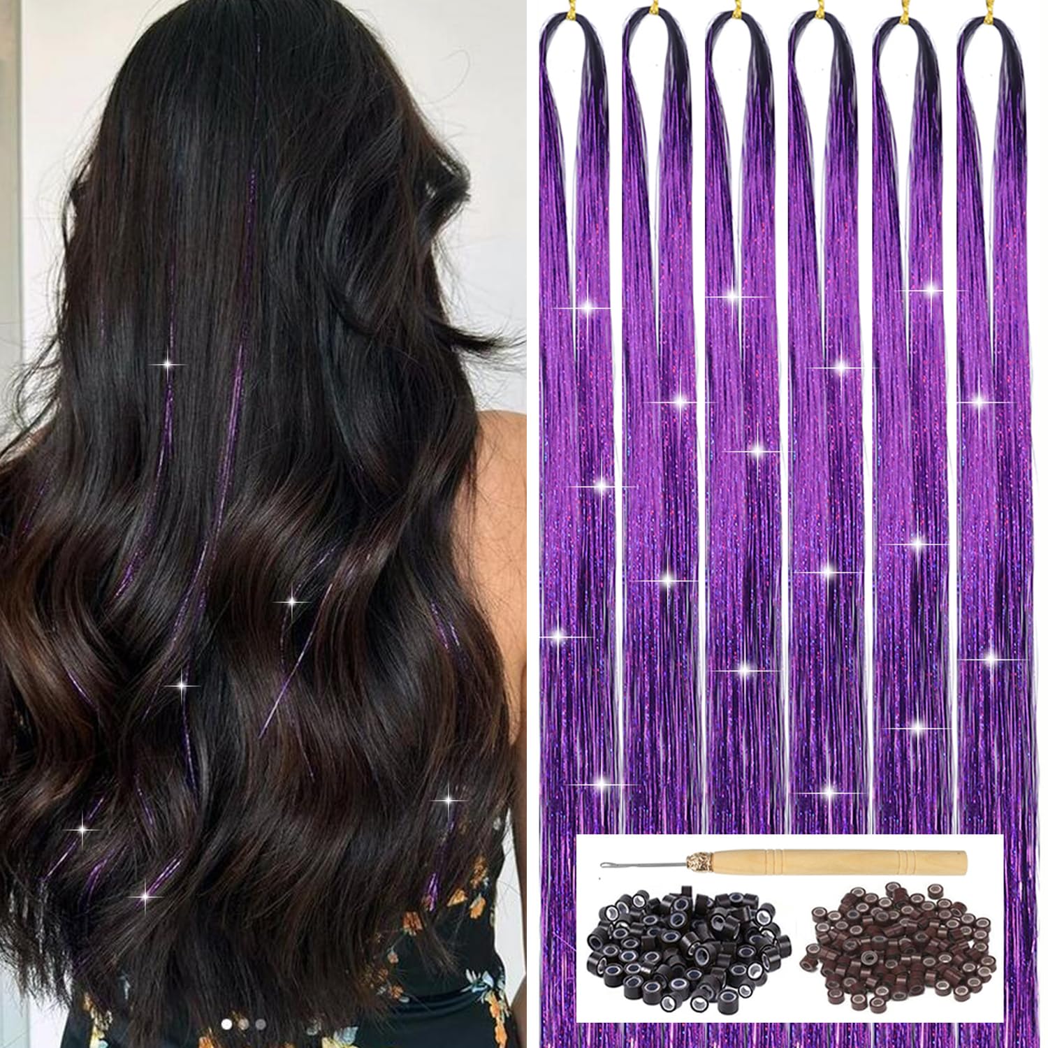 Purple Hair Tinsel Kit with Tool 6pcs 1200 Strands Glitter Tinsel Hair Extensions Heat Resistant Sparkling Shiny Fairy Hair Acce