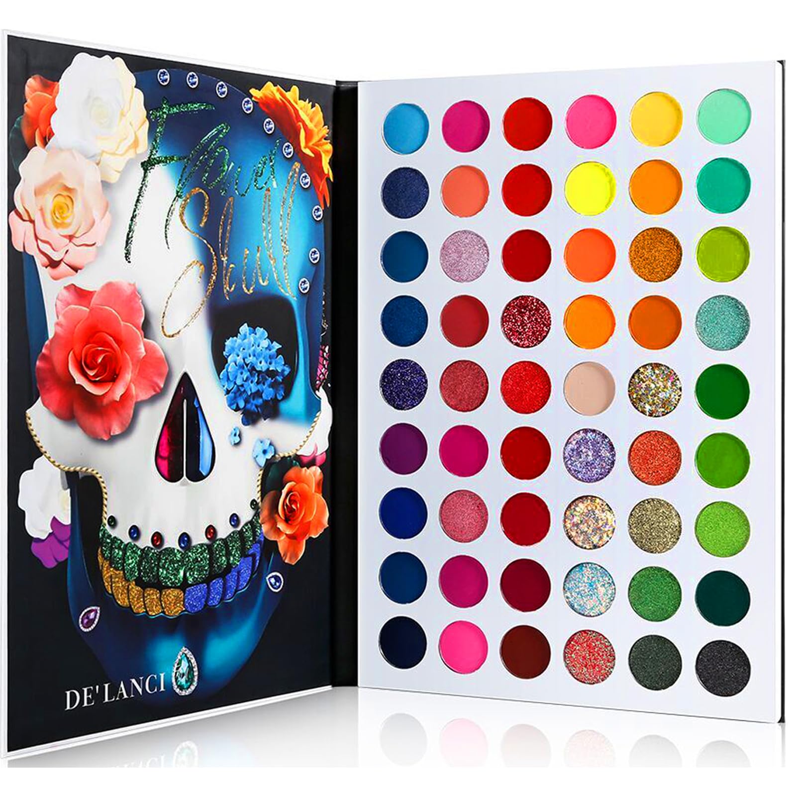 DE'LANCI 54 Color Eyeshadow Palette - Bright Neon Glitter & Matte - 1.45 oz - La Catrina Skull Makeup